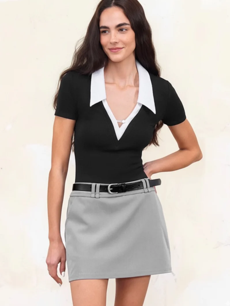 Contrast Lace Collar Cotton Blend T-Shirt - Image 5