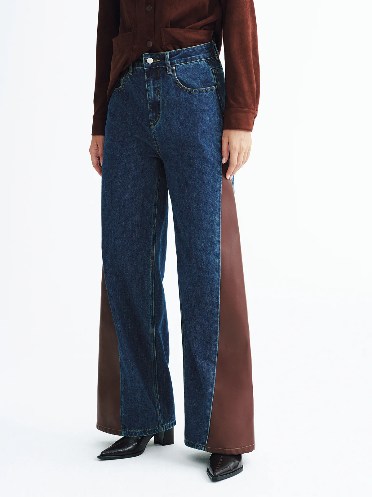 Contrast Panel Mid-Waist Denim Wide-Leg Jeans - Image 4