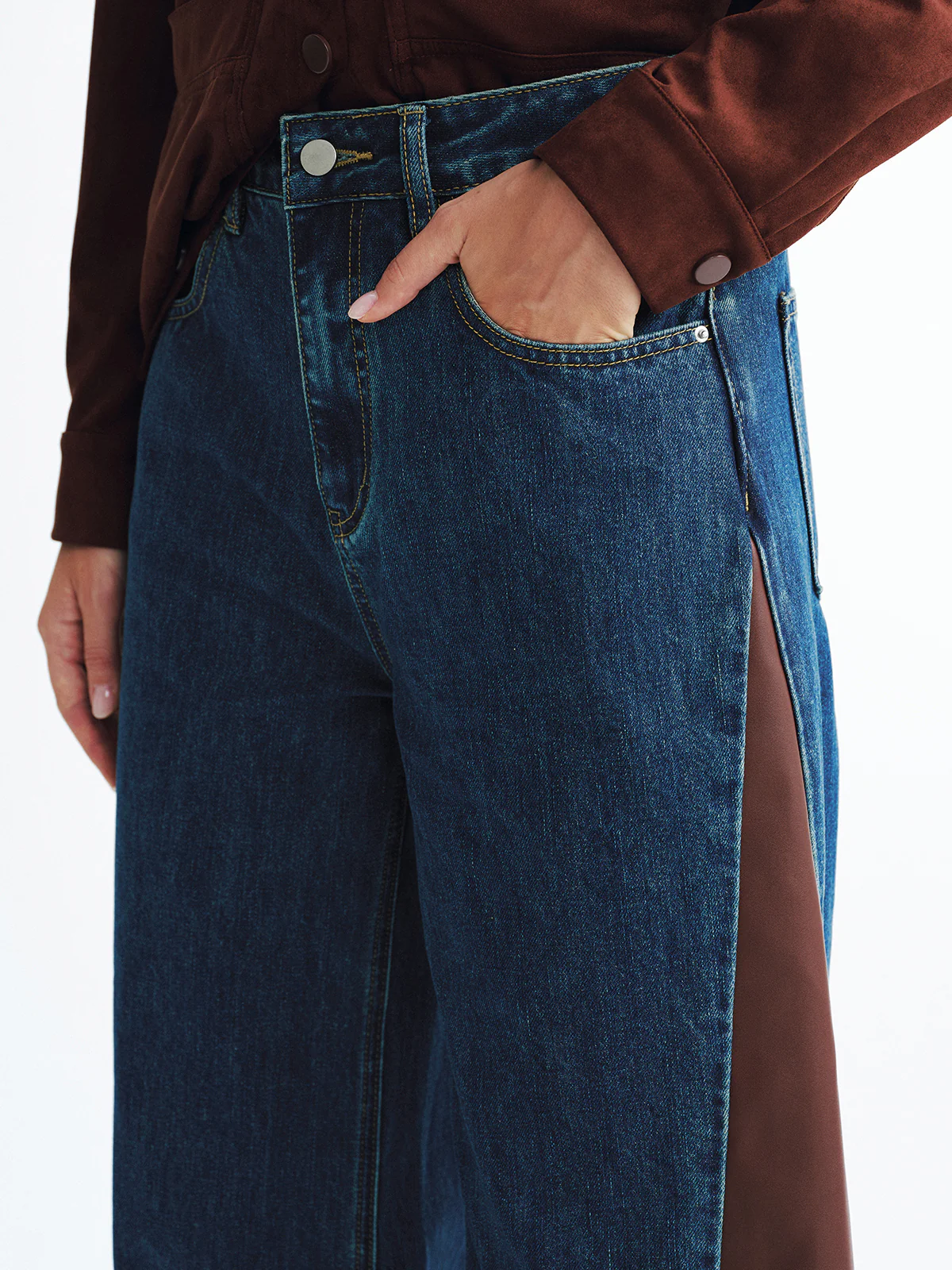 Contrast Panel Mid-Waist Denim Wide-Leg Jeans - Image 5