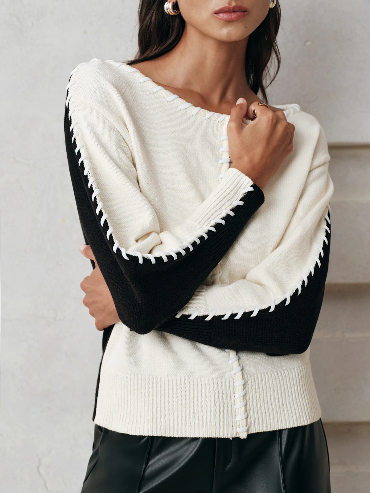 Contrast-Panel Stitch-Trim Knit Top - Image 2
