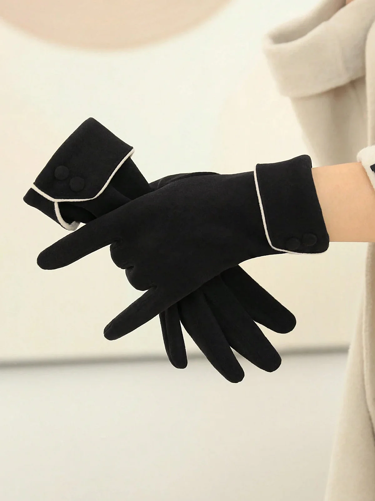 Contrast Piping Button Detail Gloves - Image 2