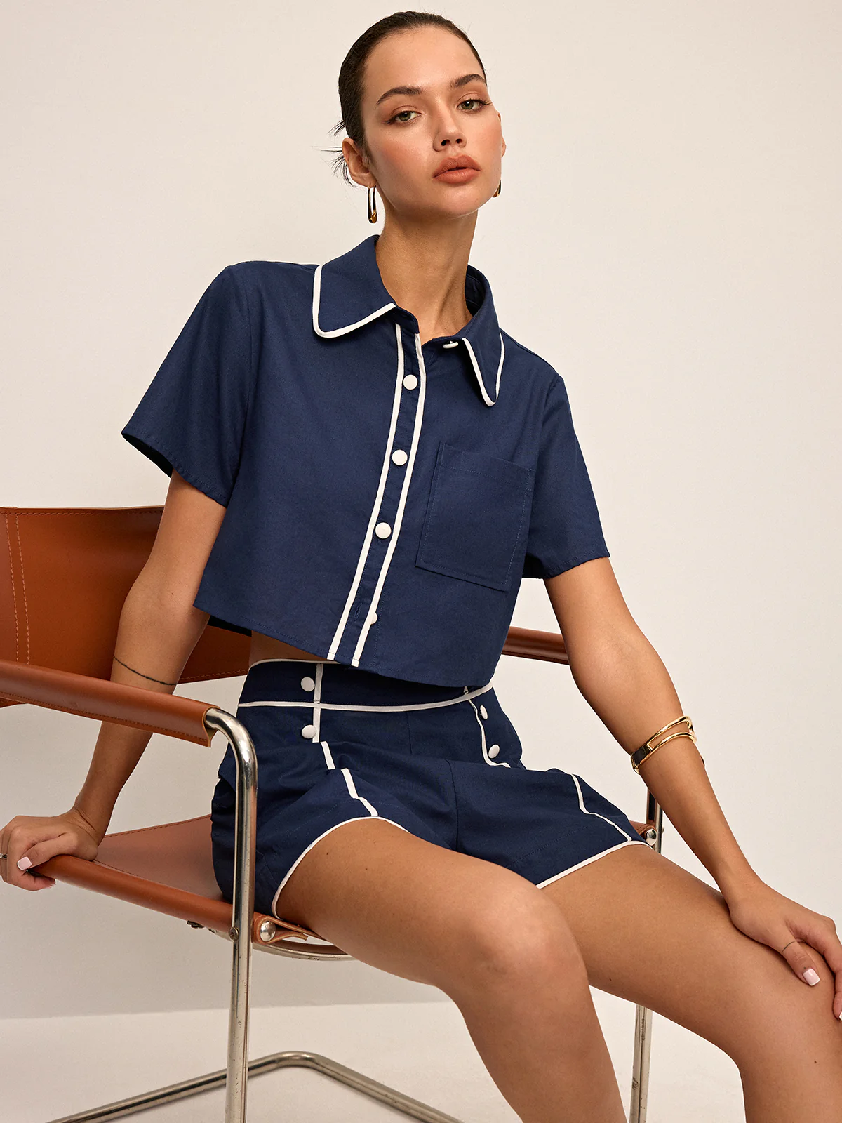 Contrast Piping Crop Shirt and Shorts Set - Image 2