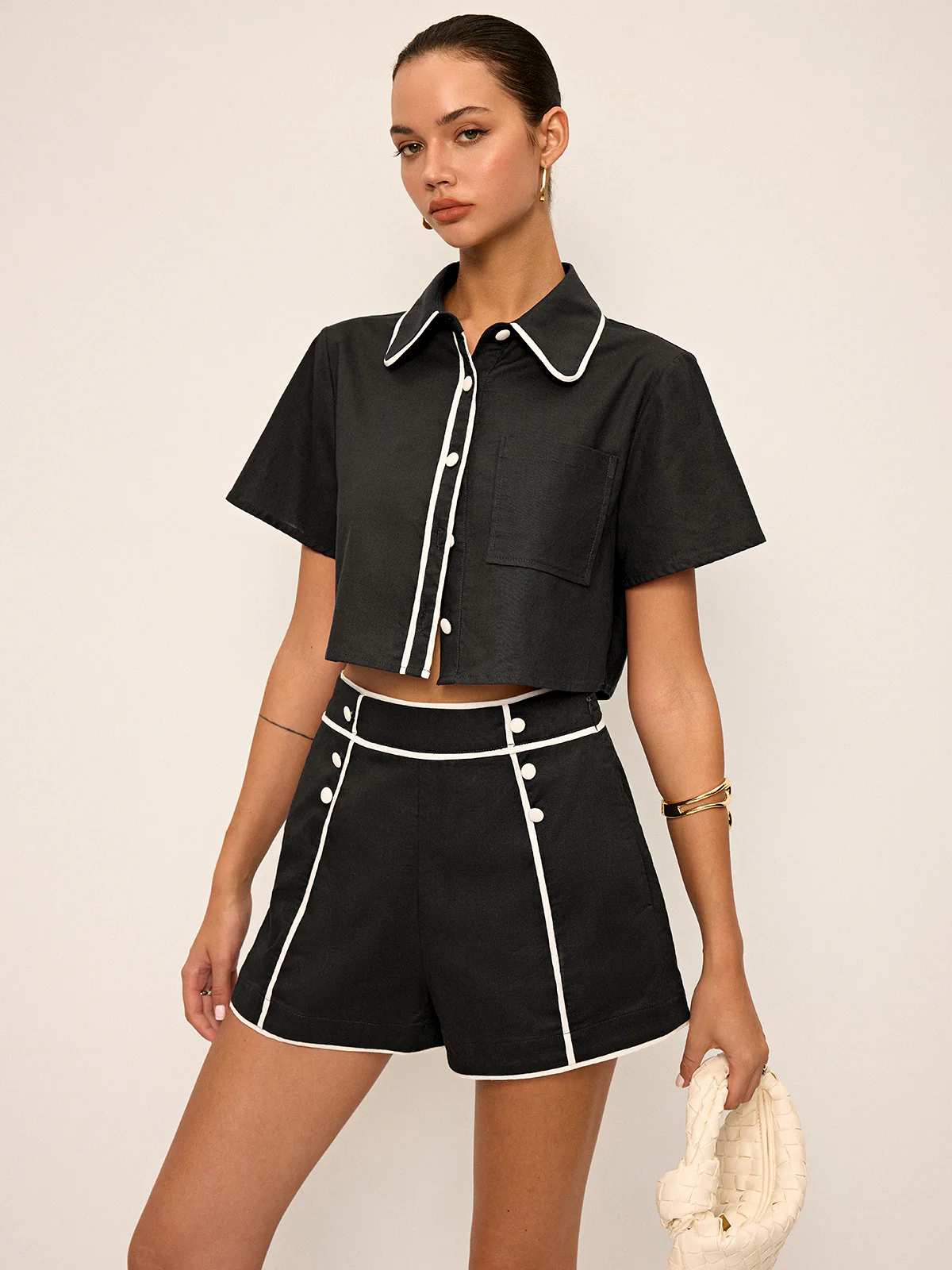 Contrast Piping Crop Shirt and Shorts Set - Image 8