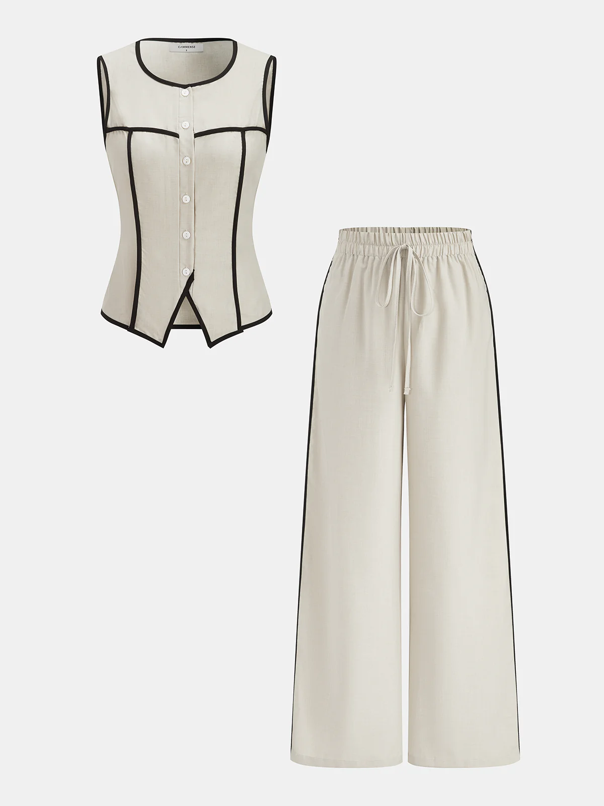 Contrast Piping Vest & Wide-Leg Pants Set