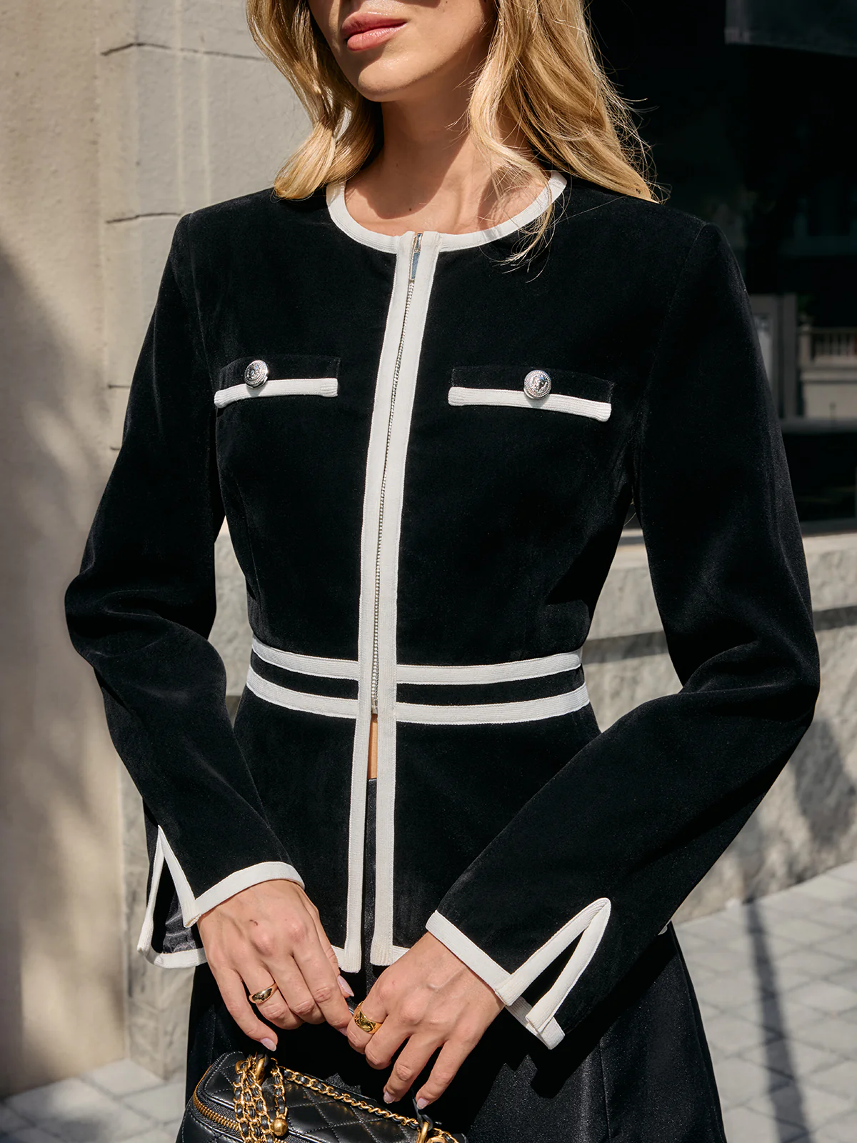 Contrast Piping Zip-Front Blazer - Image 4