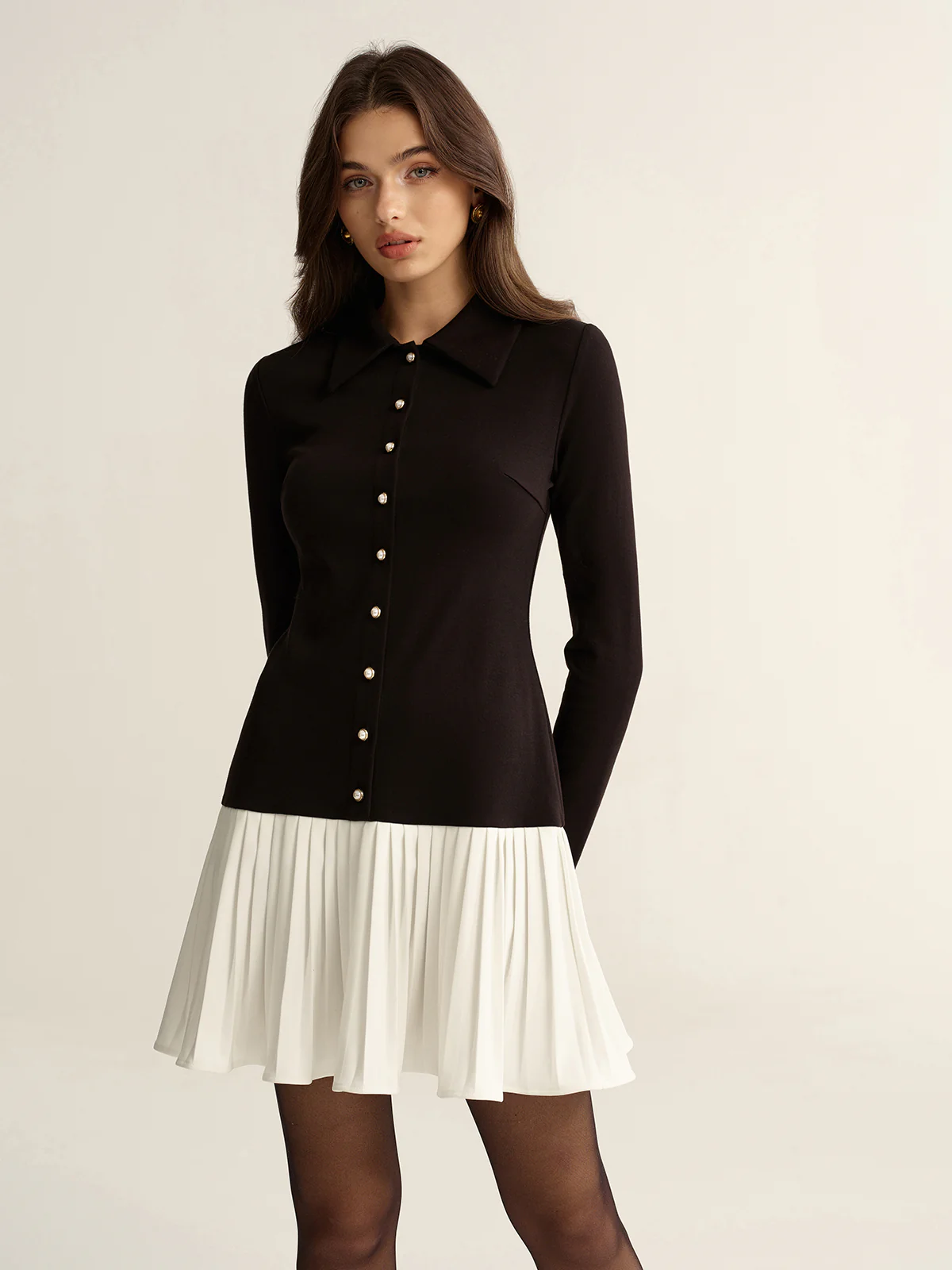 Contrast Pleated Hem Collared Mini Dress - Image 3