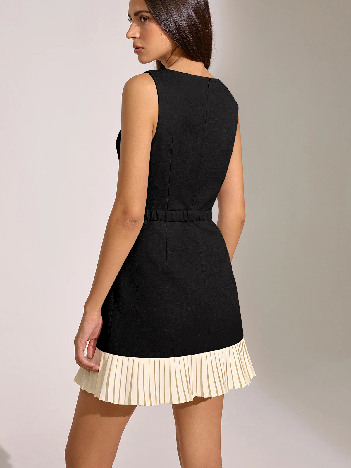 Contrast Pleated Hem Sleeveless Belted Mini Dress - Image 2