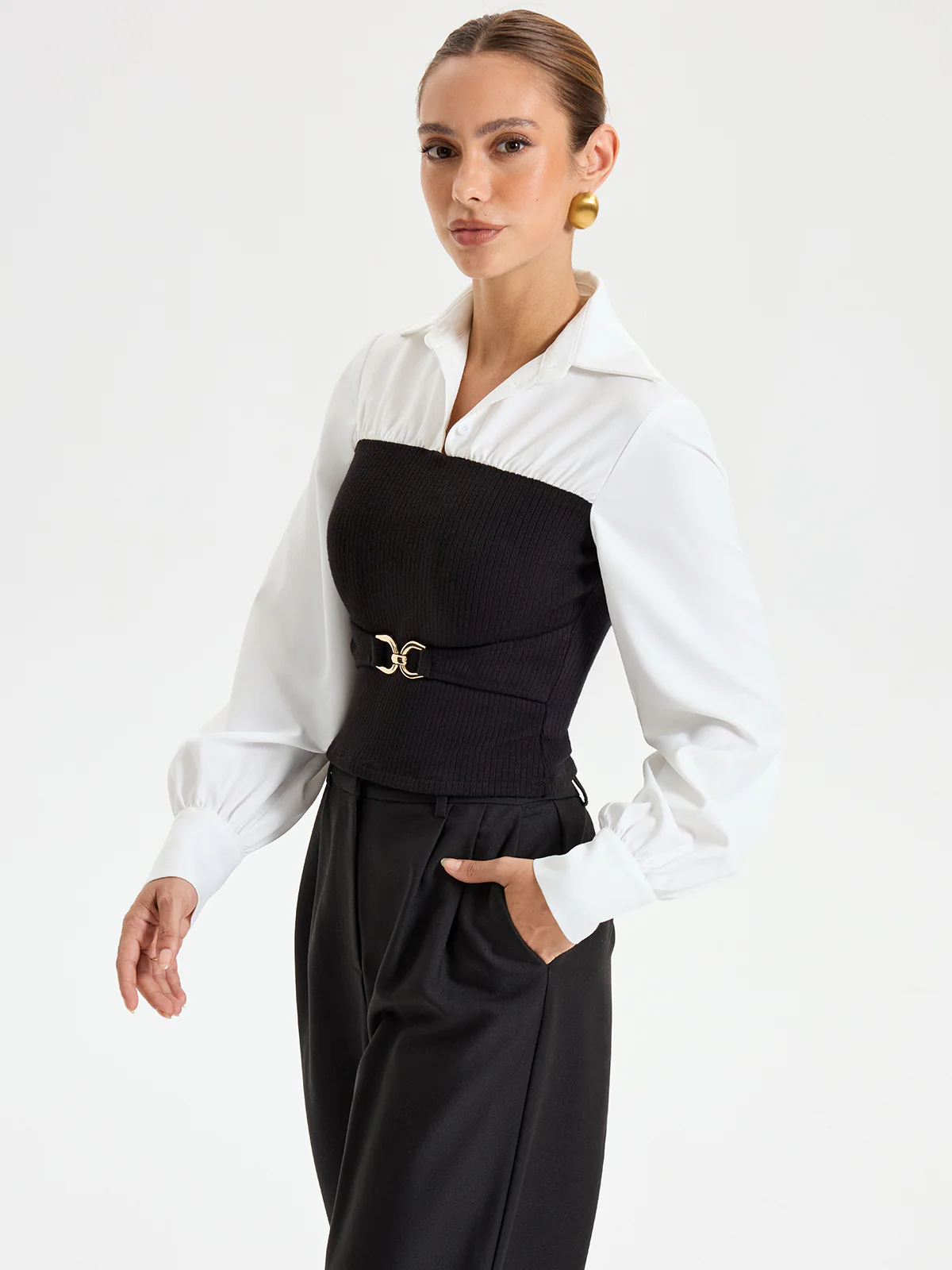 Contrast Ribbed Paneled Long Sleeve Shirt
