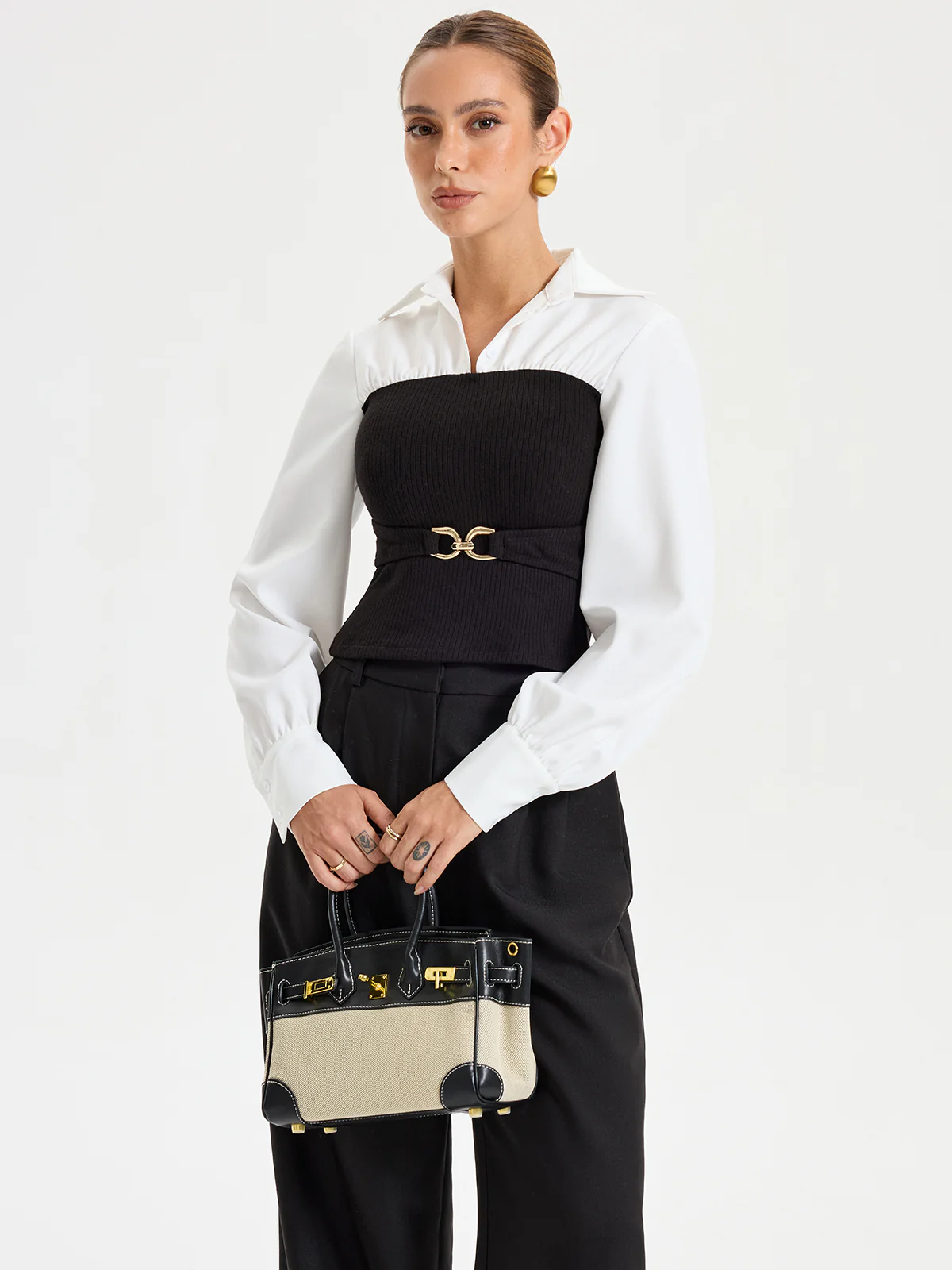 Contrast Ribbed Paneled Long Sleeve Shirt - Image 2