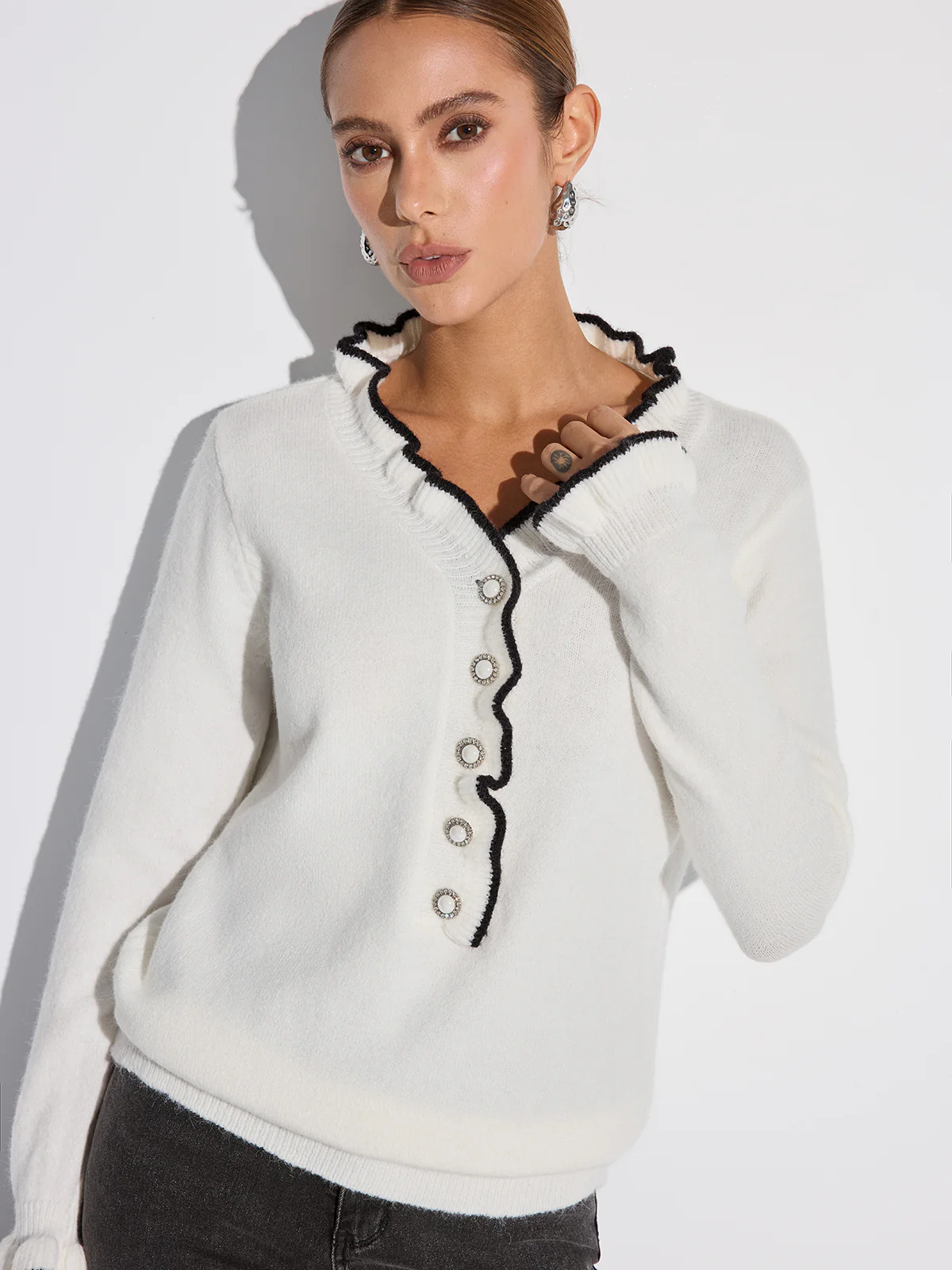 Contrast Ruffle Trim Button Sweater - Image 2