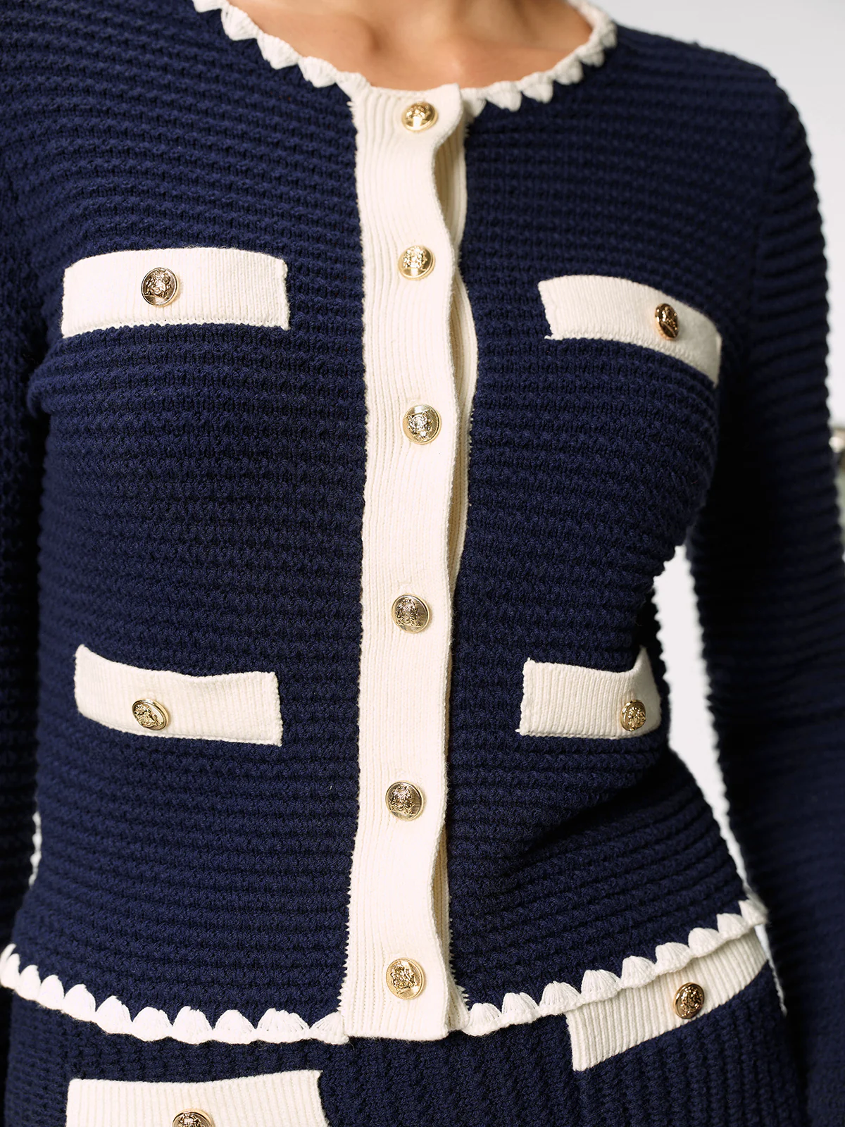 Contrast Scalloped Trim Metal Button Cardigan - Image 7