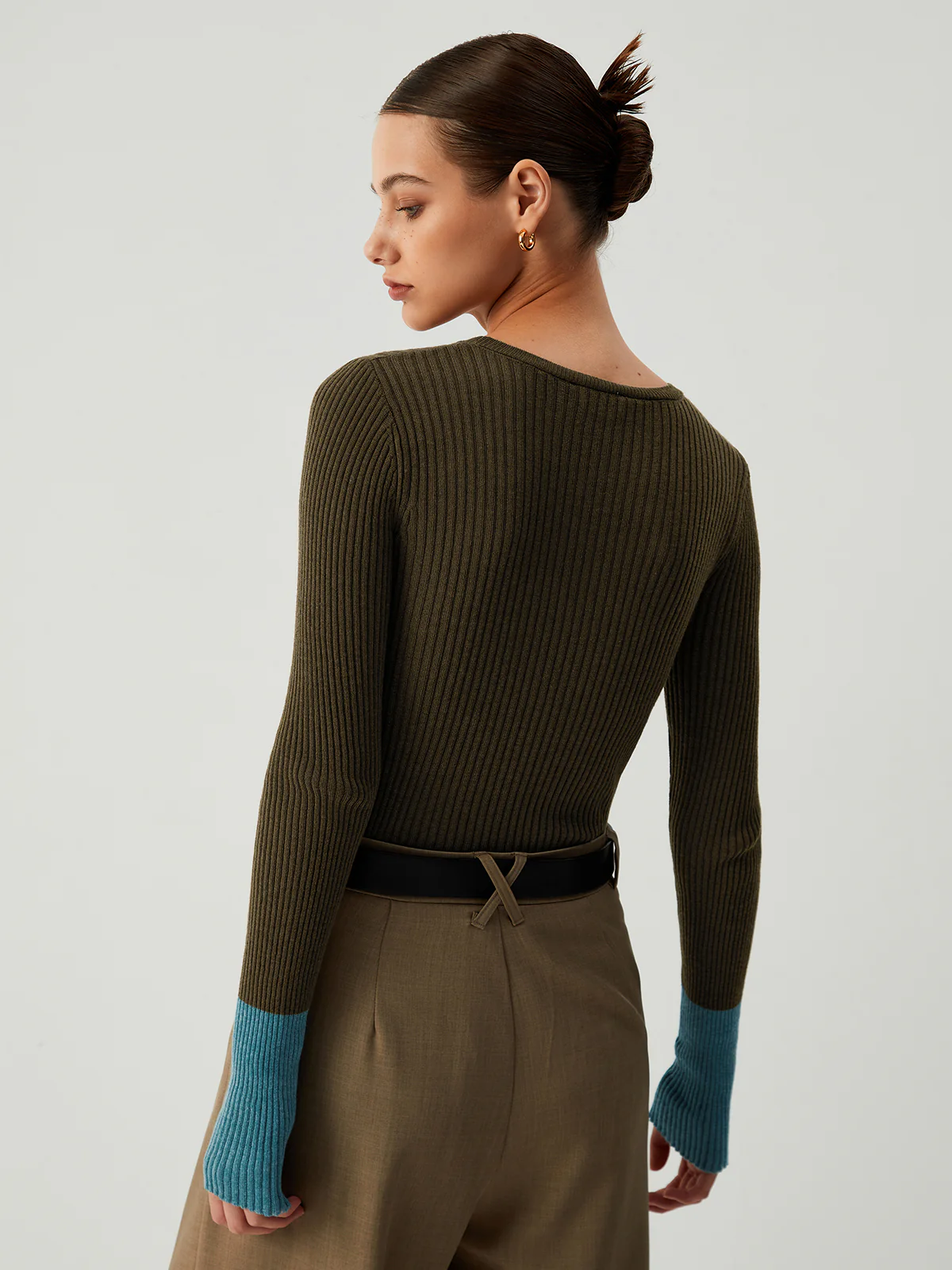 Contrast Sleeve Hem Long Sleeve Knit Top - Image 3