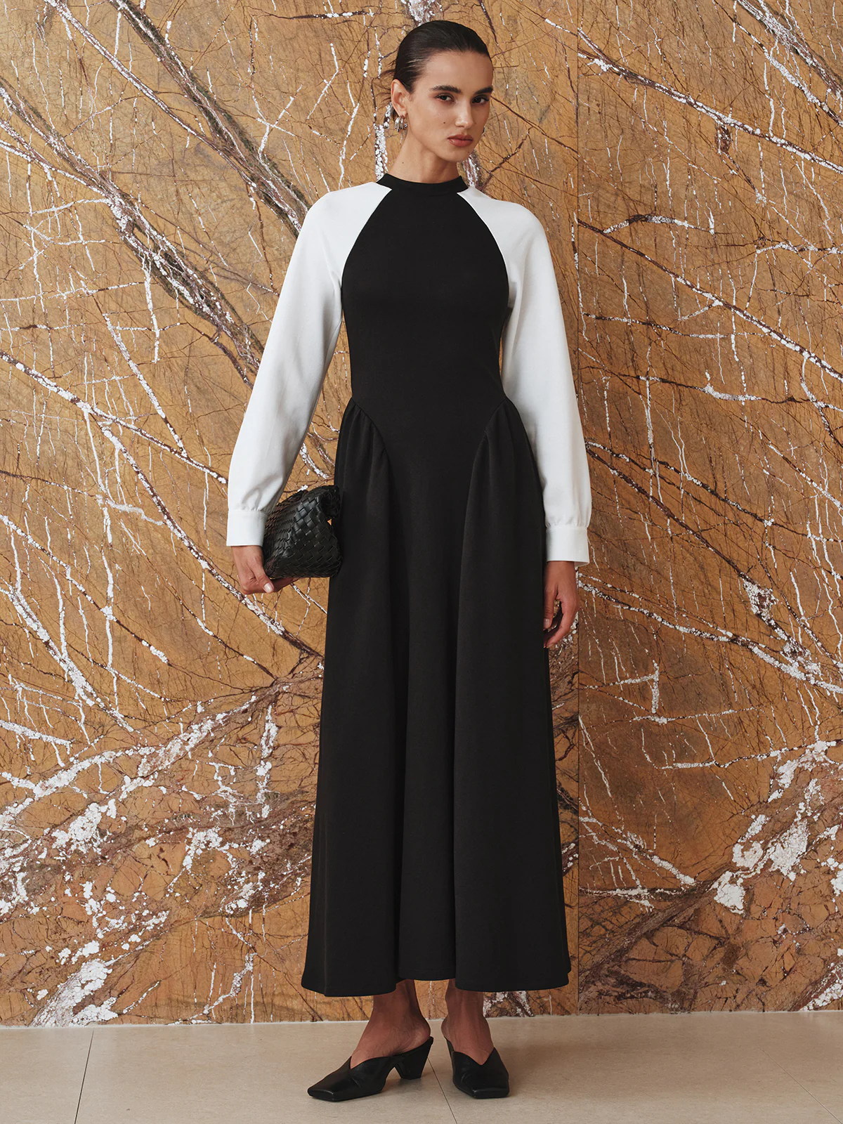 Contrast-Sleeve Pleated Midi Dress - Image 2