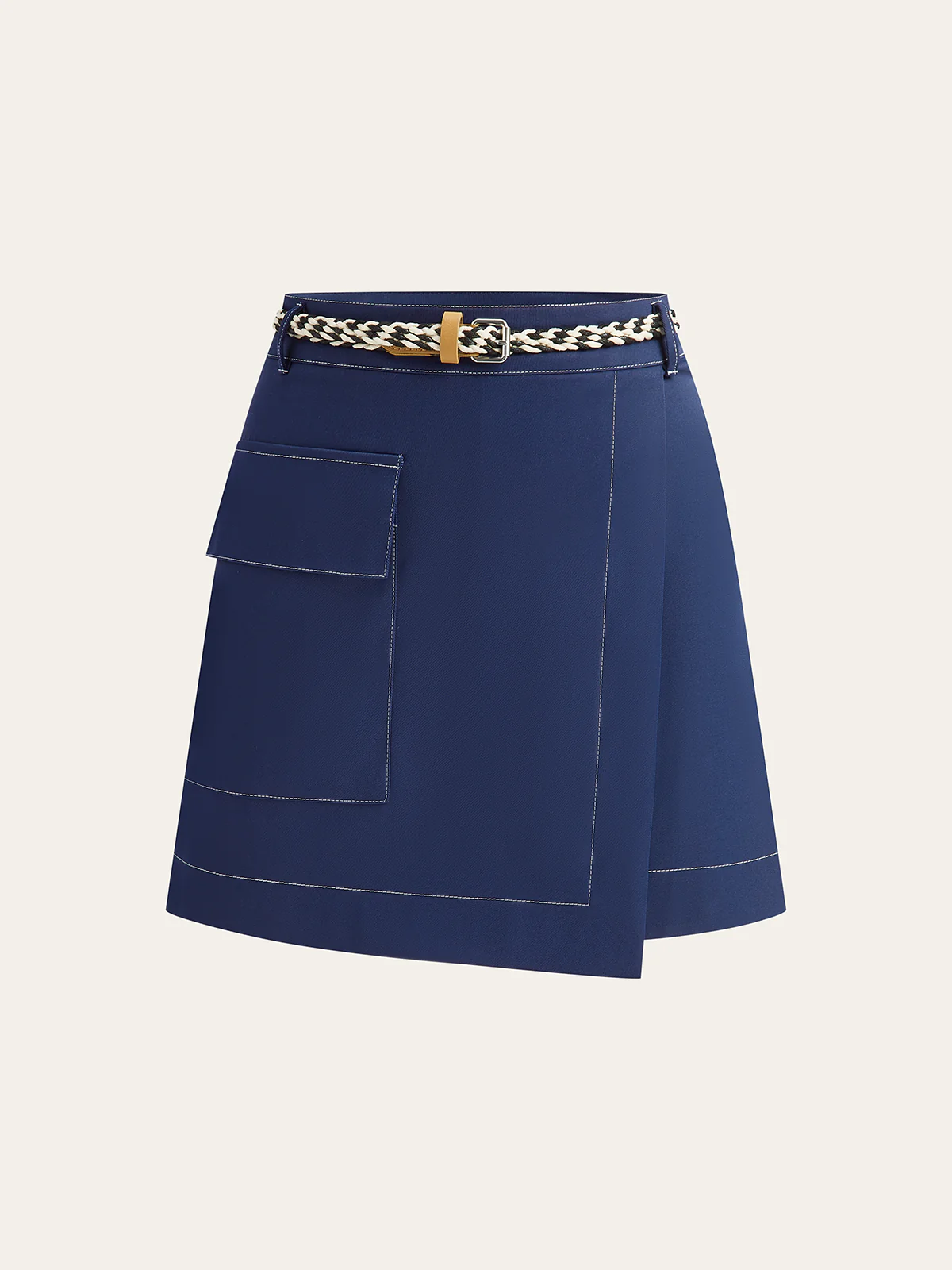 Contrast-Stitch Asymmetric Skort with Belt - Image 2