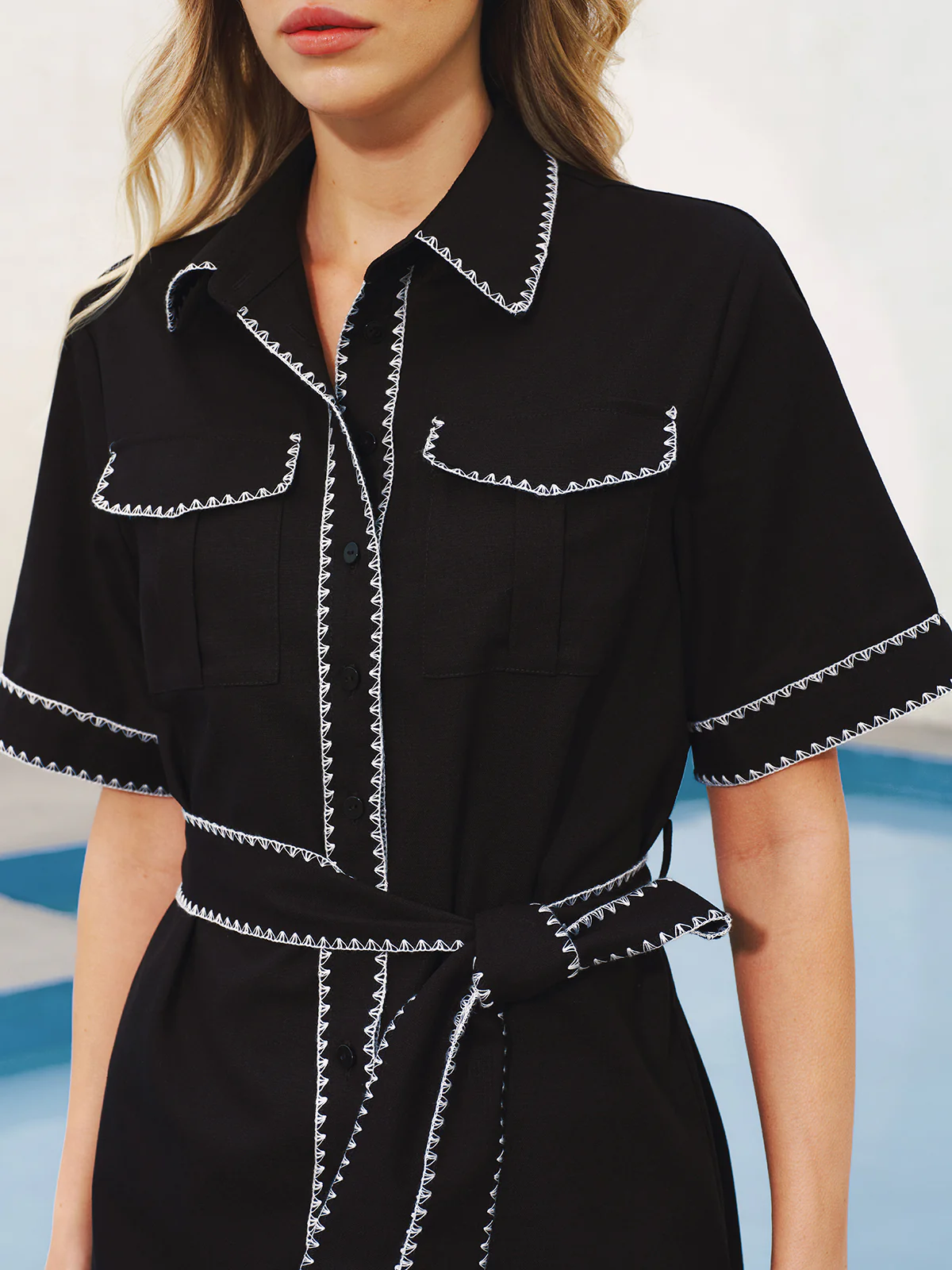 Contrast Stitch Belted Shirt Dress - Image 4