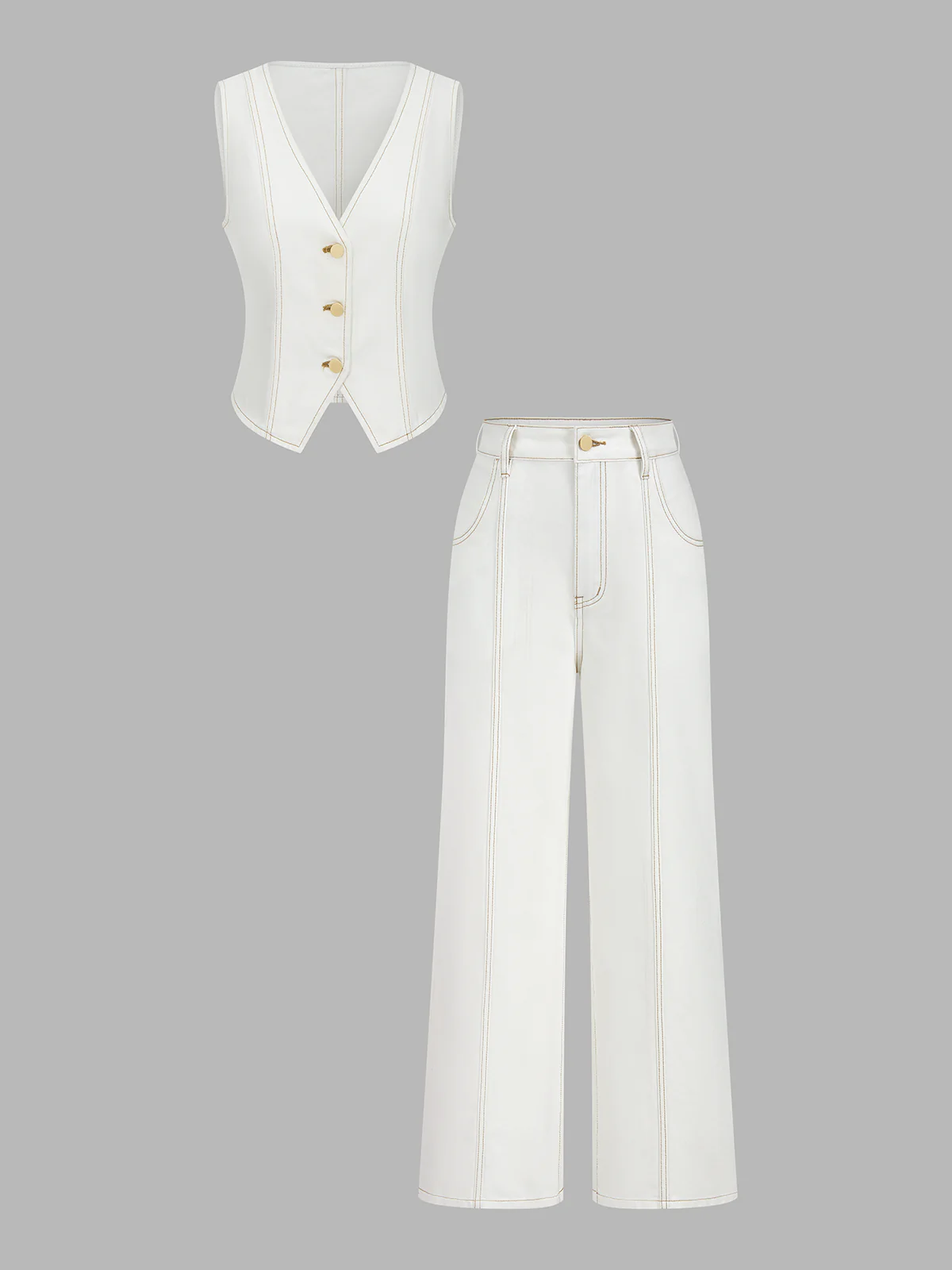 Contrast Stitch Denim Vest & Wide Leg Pants Set - Image 2