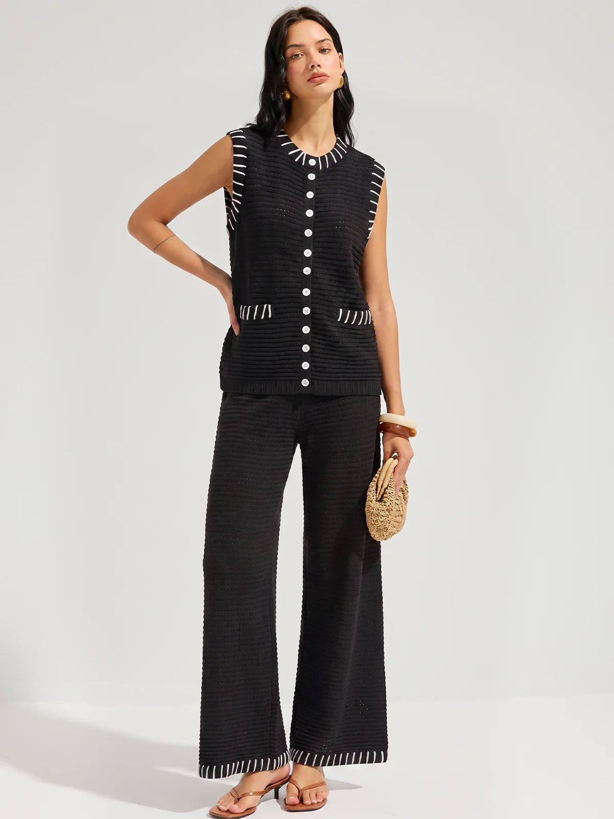 Contrast Stitch Trim Knit Co-Ord Set