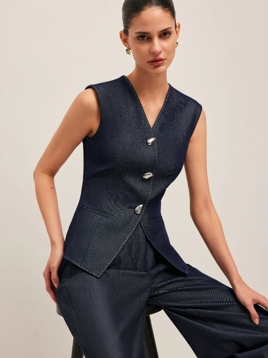 Contrast Stitched Buttoned Peplum Vest - Image 2