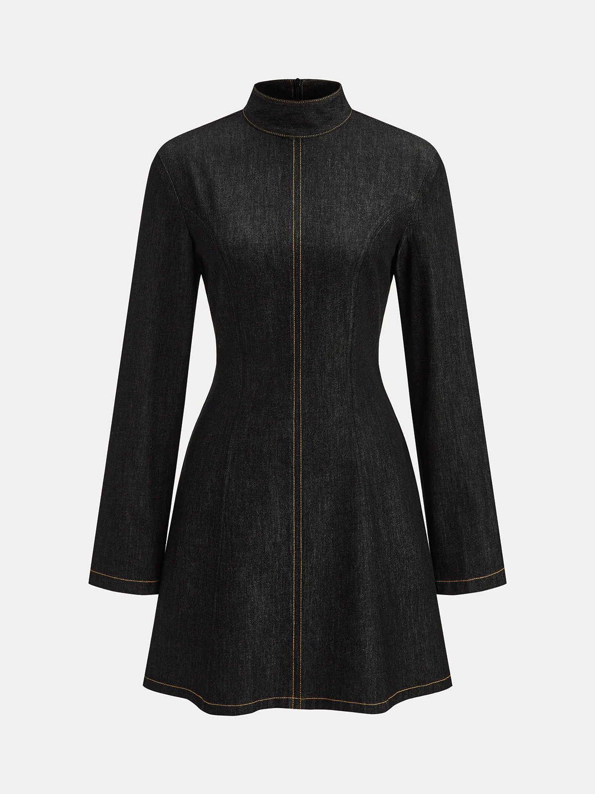 Contrast Stitched Denim Stand Collar Mini Dress