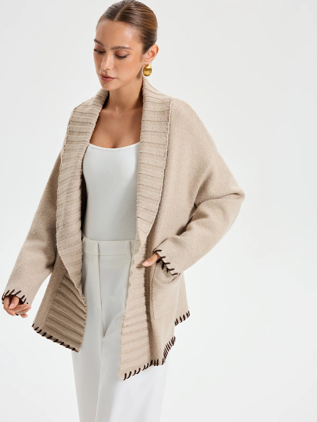 Contrast Stitched Shawl Collar Belted Knit Outerwear - Image 4