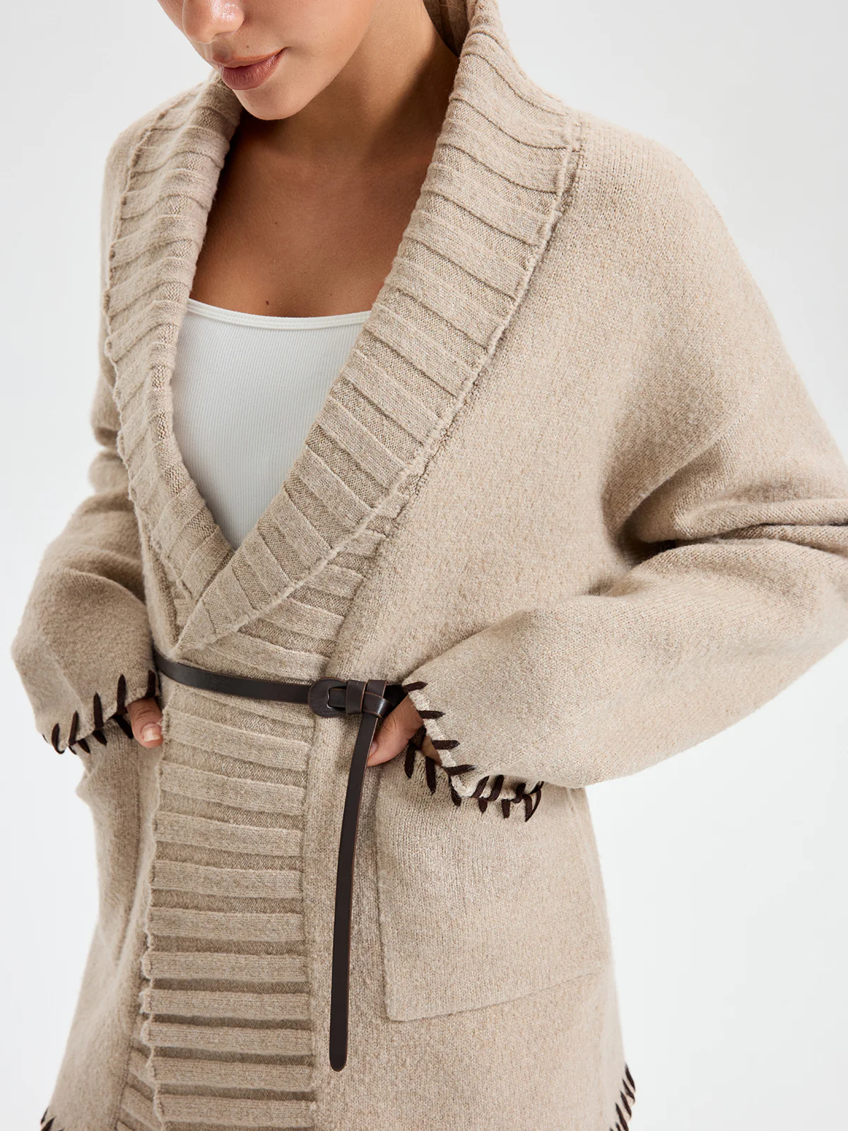 Contrast Stitched Shawl Collar Belted Knit Outerwear - Image 5