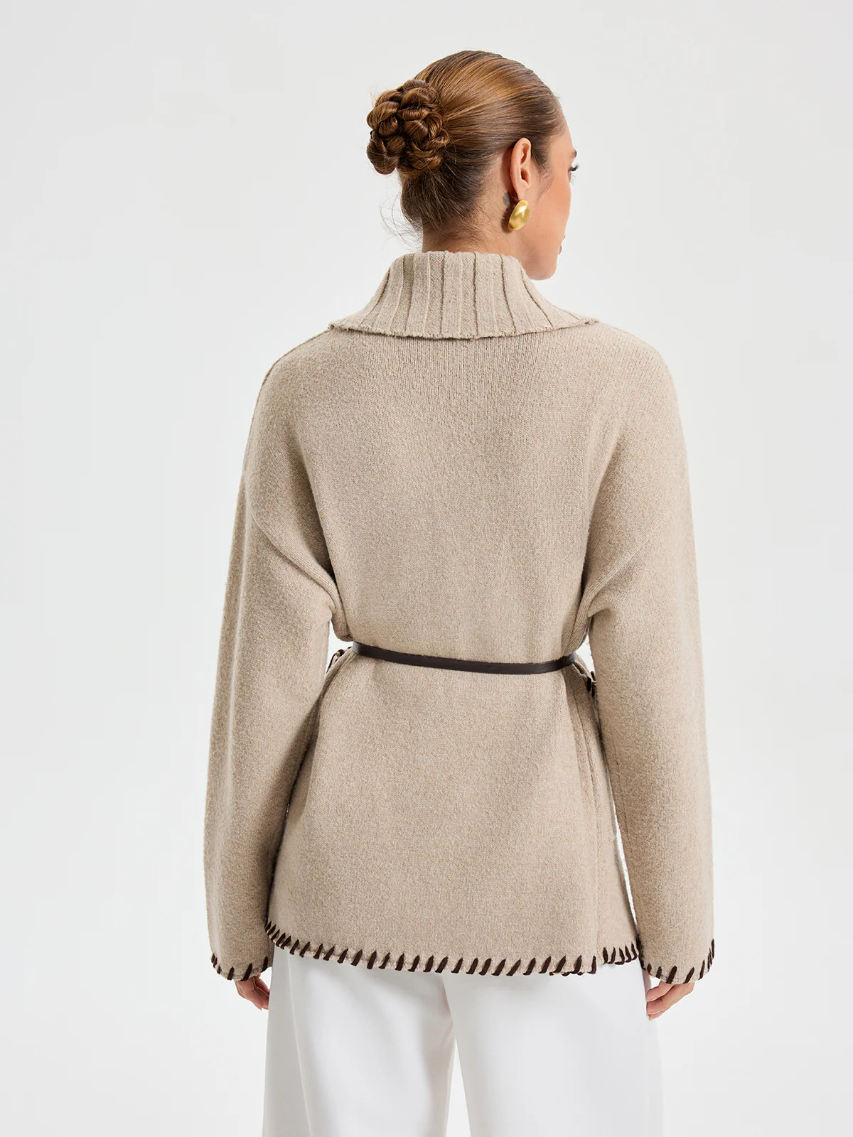 Contrast Stitched Shawl Collar Belted Knit Outerwear - Image 6