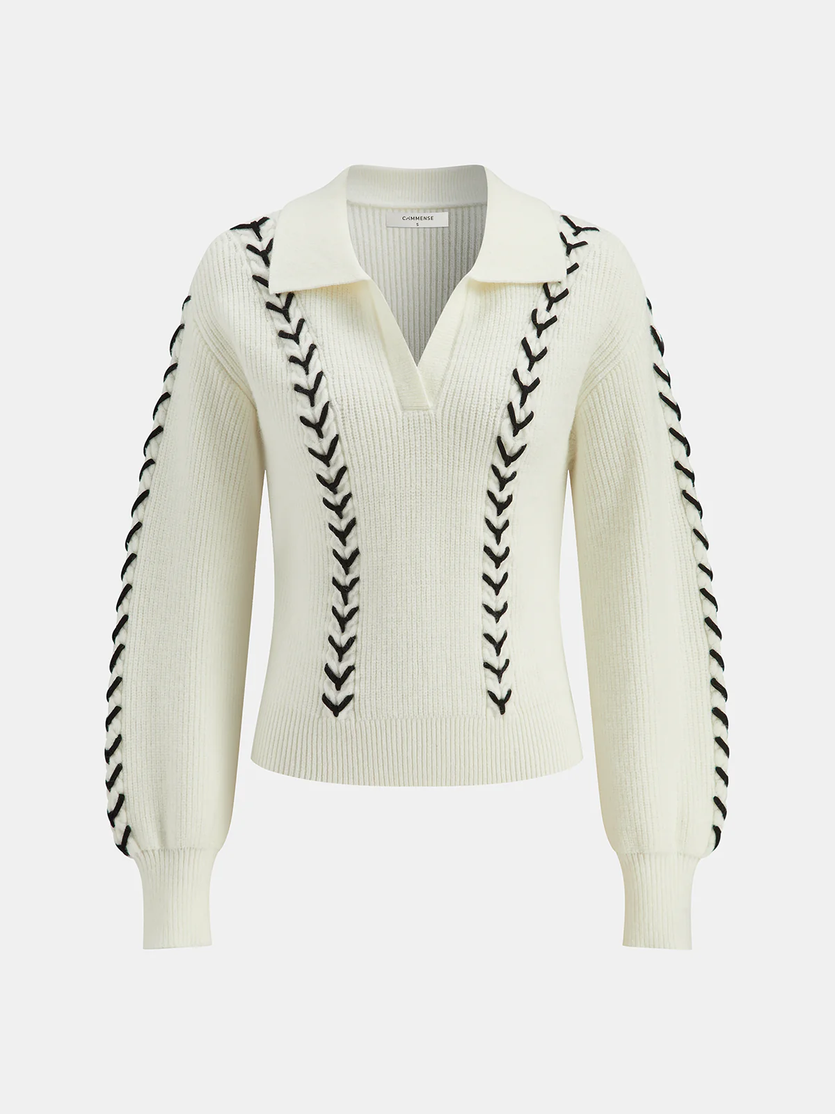 Contrast Stitching Polo Neck Cable Knit Top - Image 2