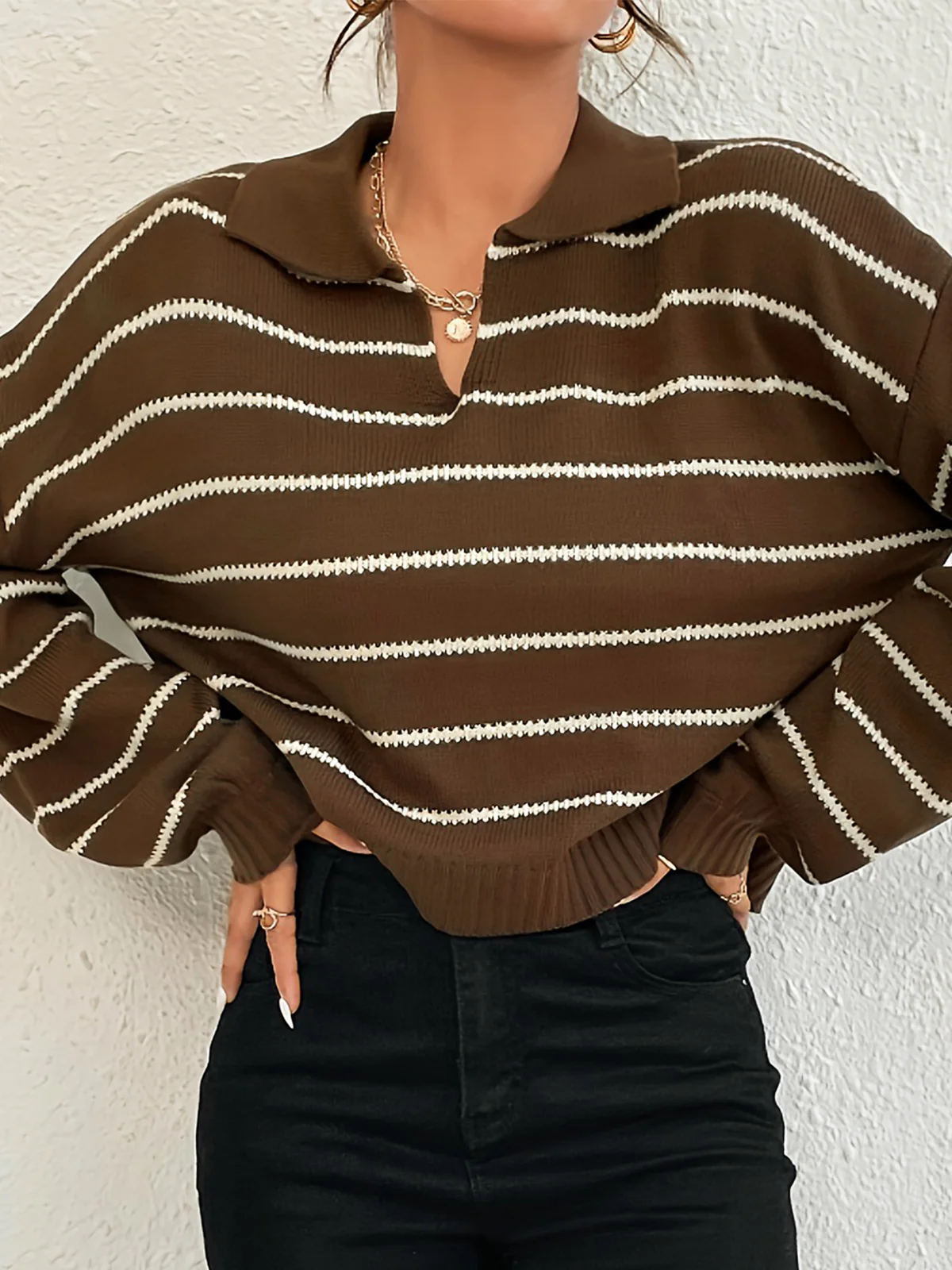 Contrast Striped Lapel Short Sweater - Image 4