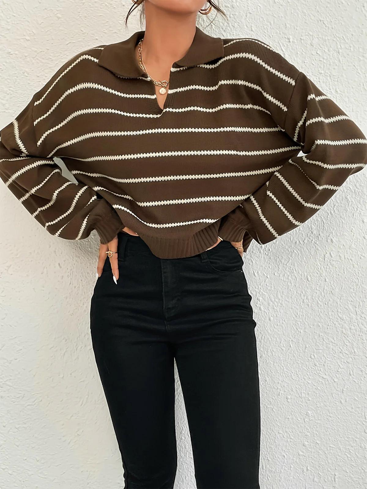 Contrast Striped Lapel Short Sweater - Image 5