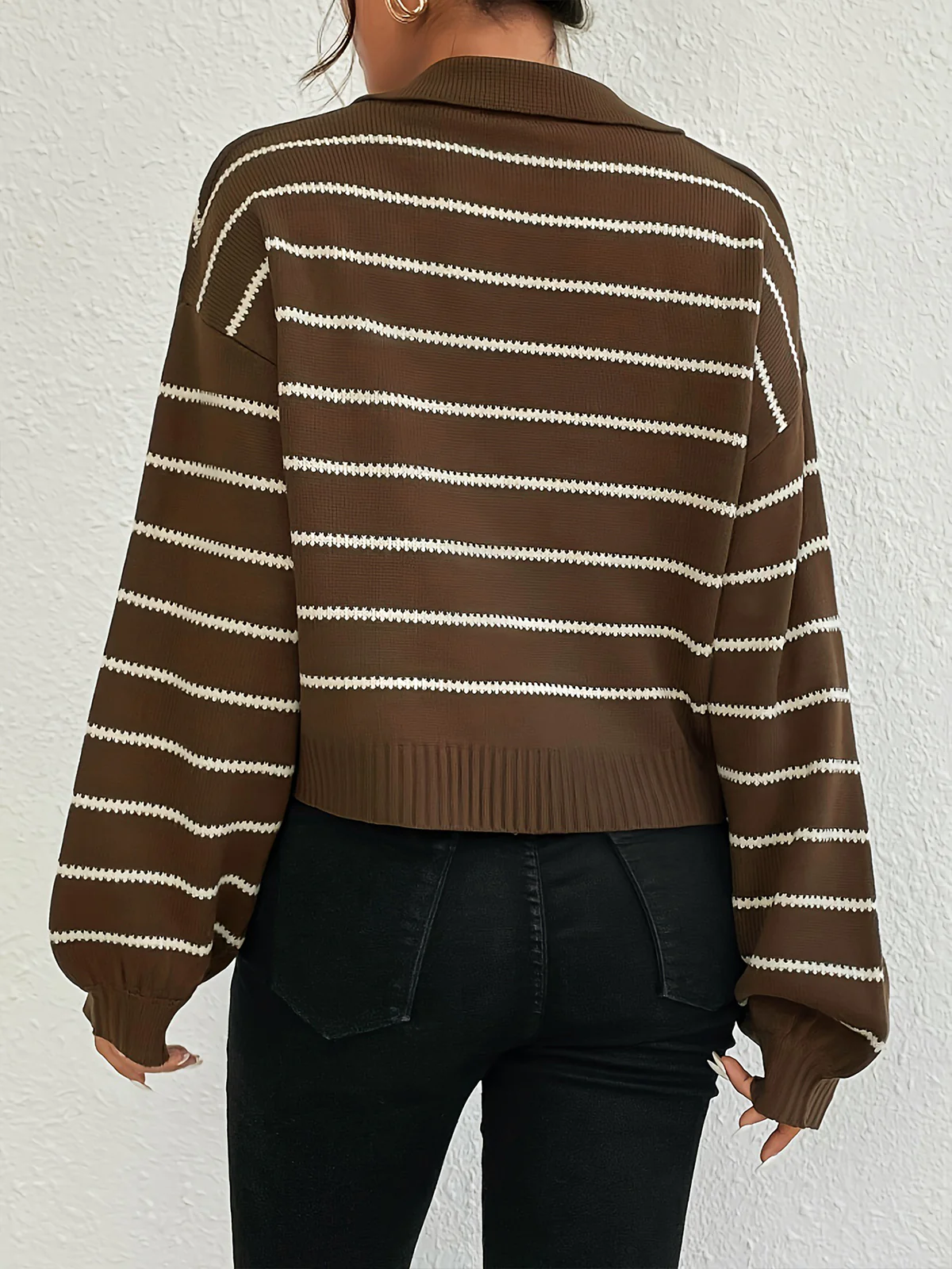 Contrast Striped Lapel Short Sweater - Image 6