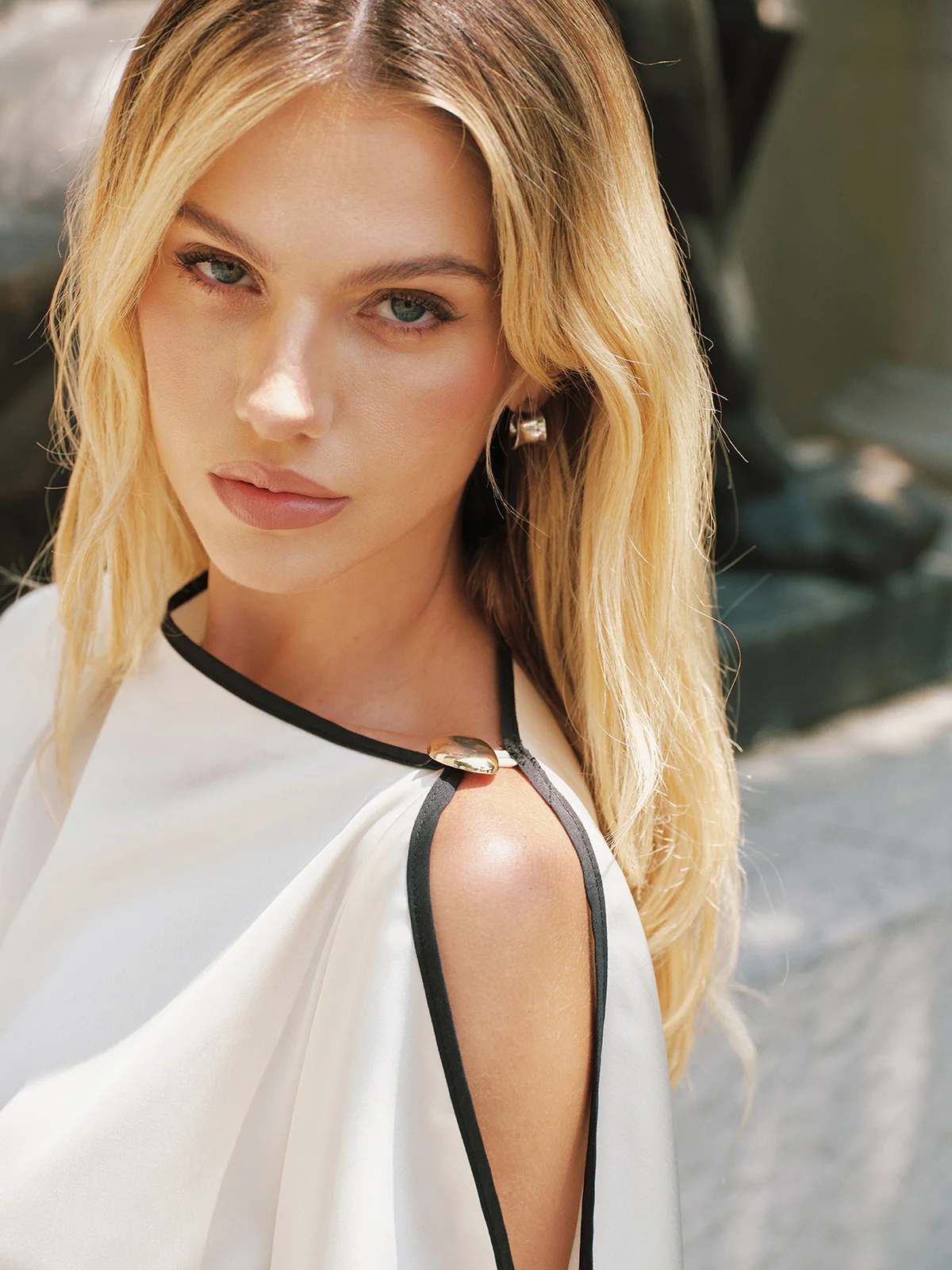 Contrast Trim Asymmetric Draped Satin Blouse - Image 4