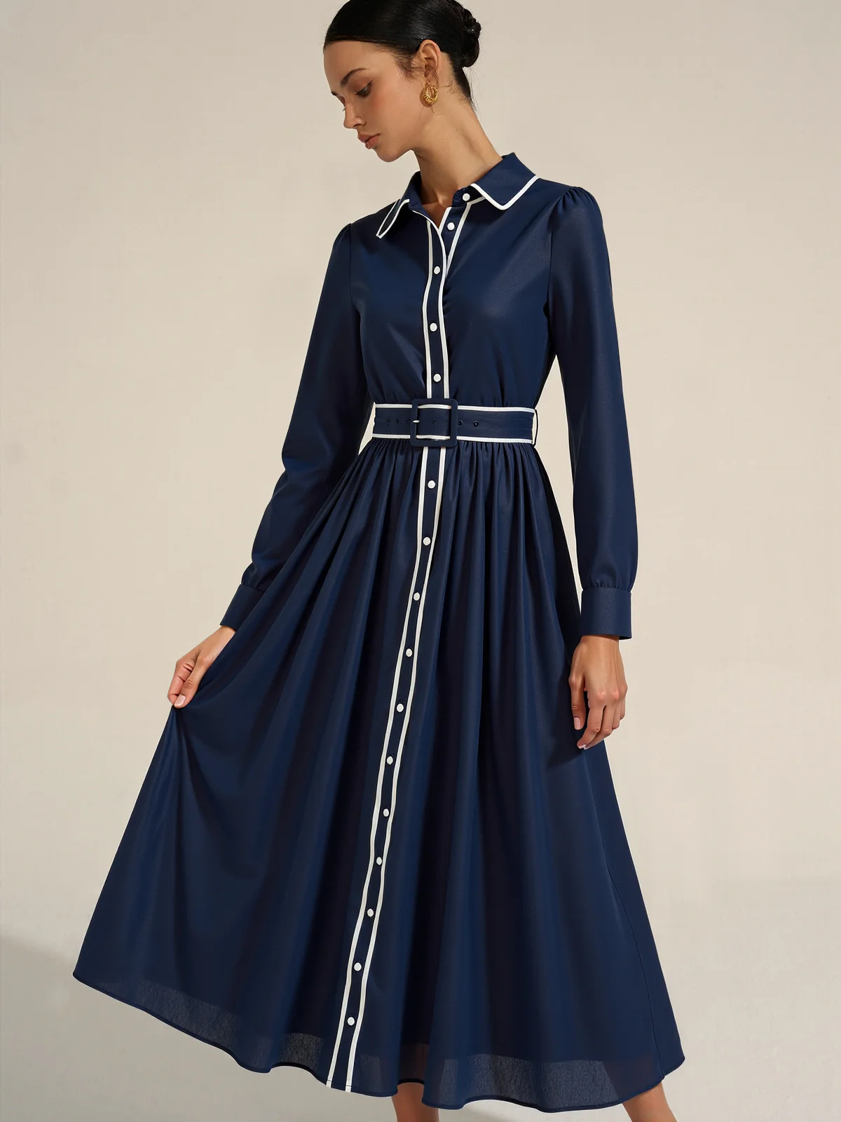Contrast Trim Belted Pleated Shirt Dress - Image 2
