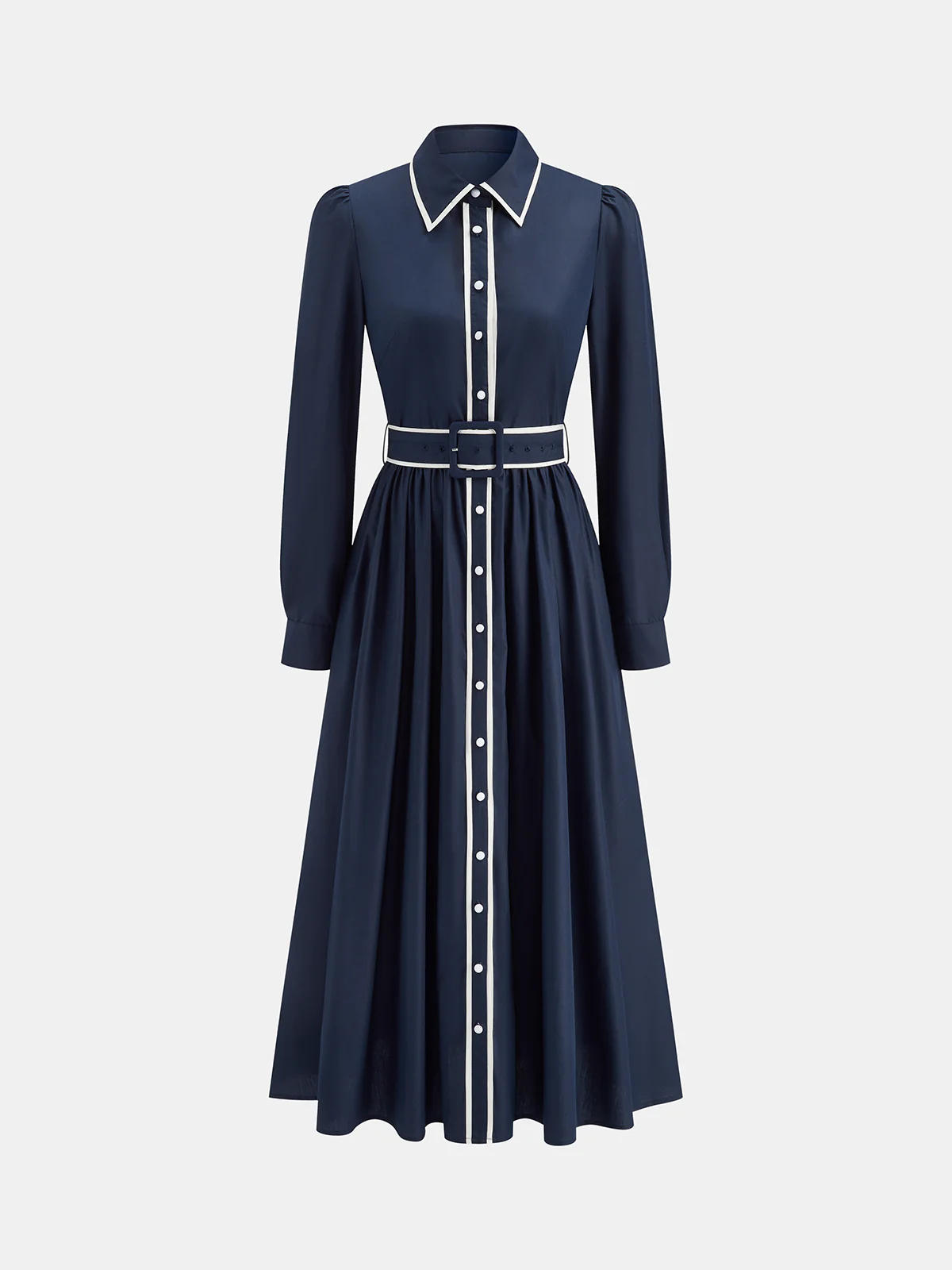 Contrast Trim Belted Pleated Shirt Dress - Image 7
