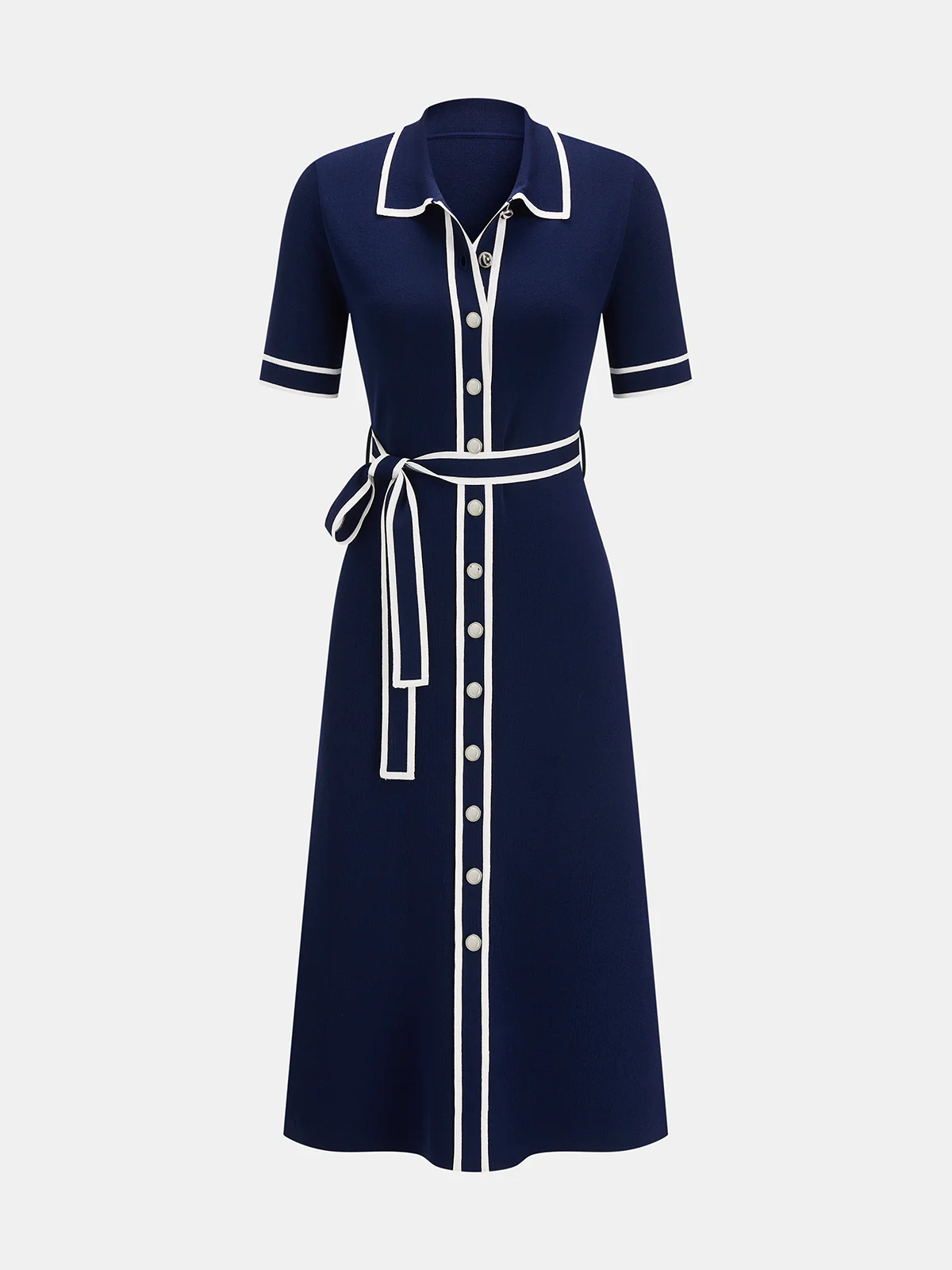 Contrast Trim Belted Short Sleeve Knit Dress - Image 2