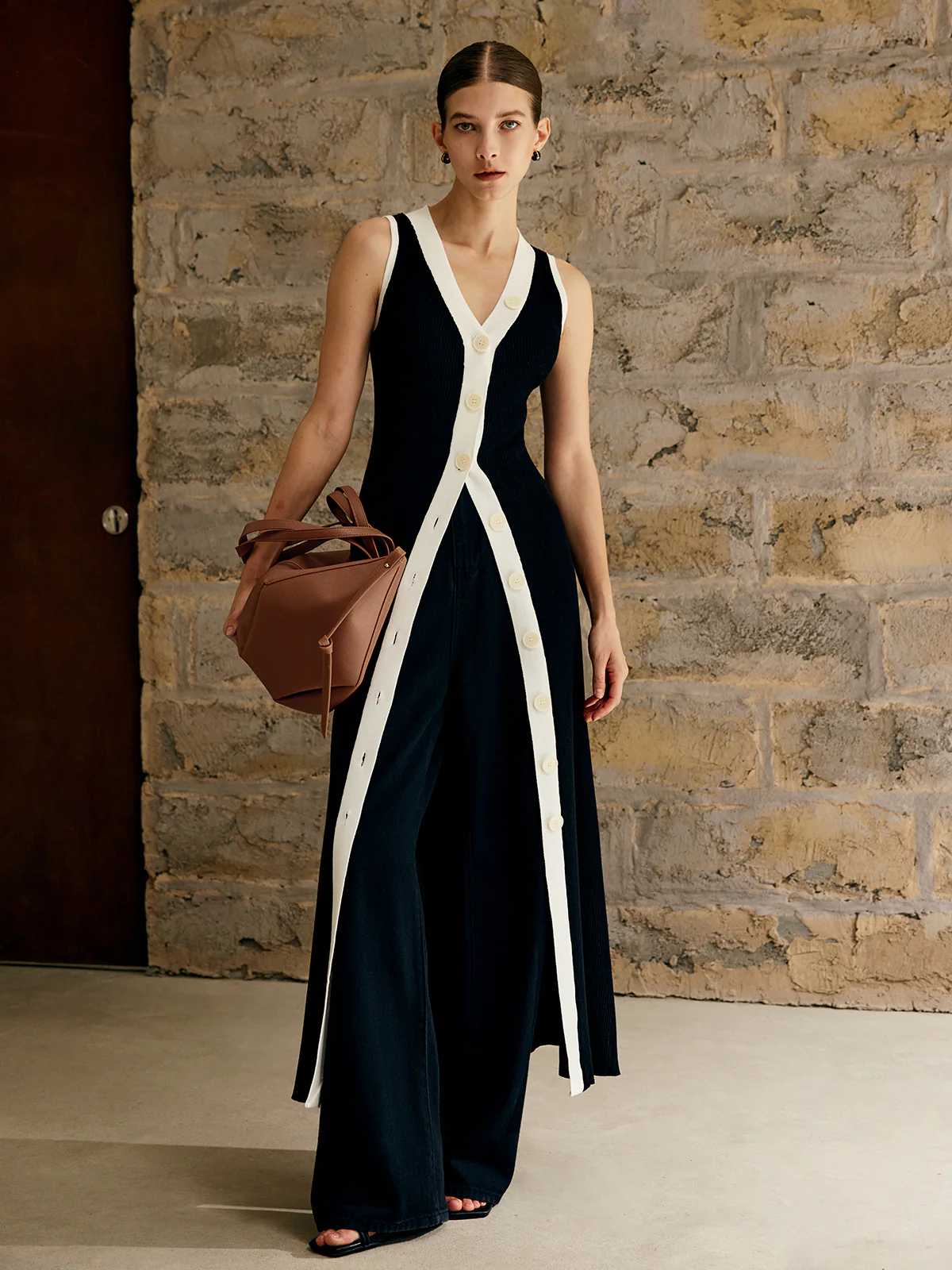 Contrast Trim Button Sweater Tank Dress - Image 5