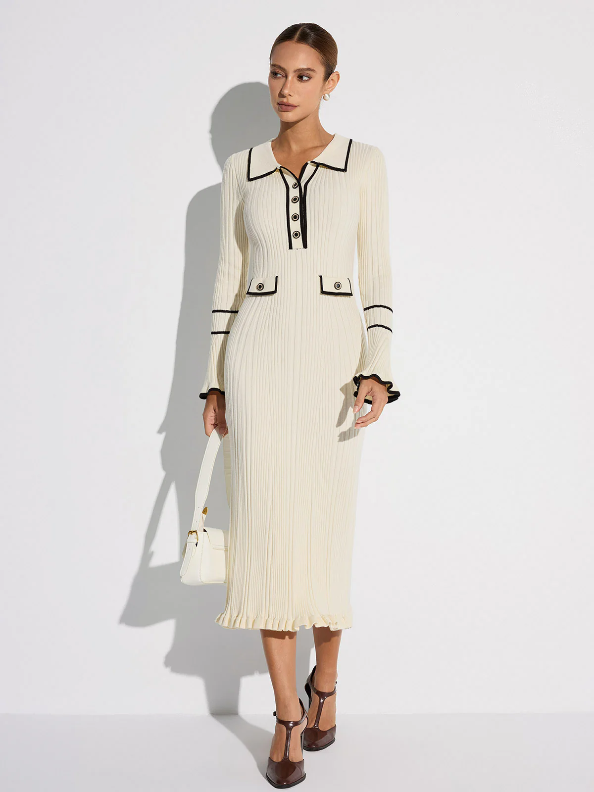 Contrast Trim Buttoned Ribbed Sweater Dress