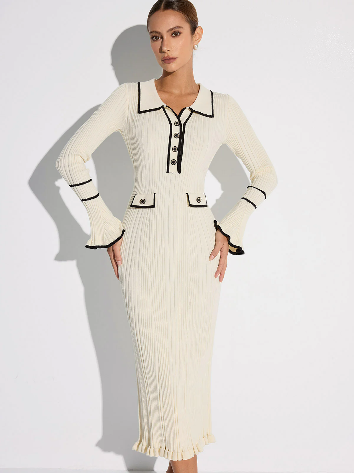 Contrast Trim Buttoned Ribbed Sweater Dress - Image 2