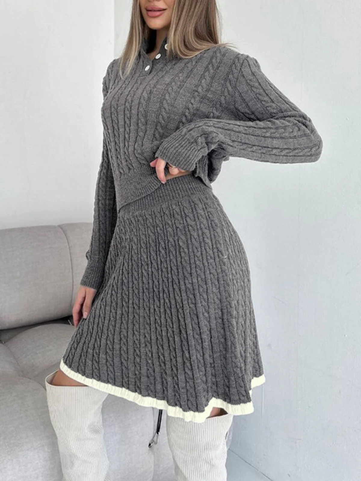 Contrast Trim Cable-Knit Lapel Skirt Set - Image 2