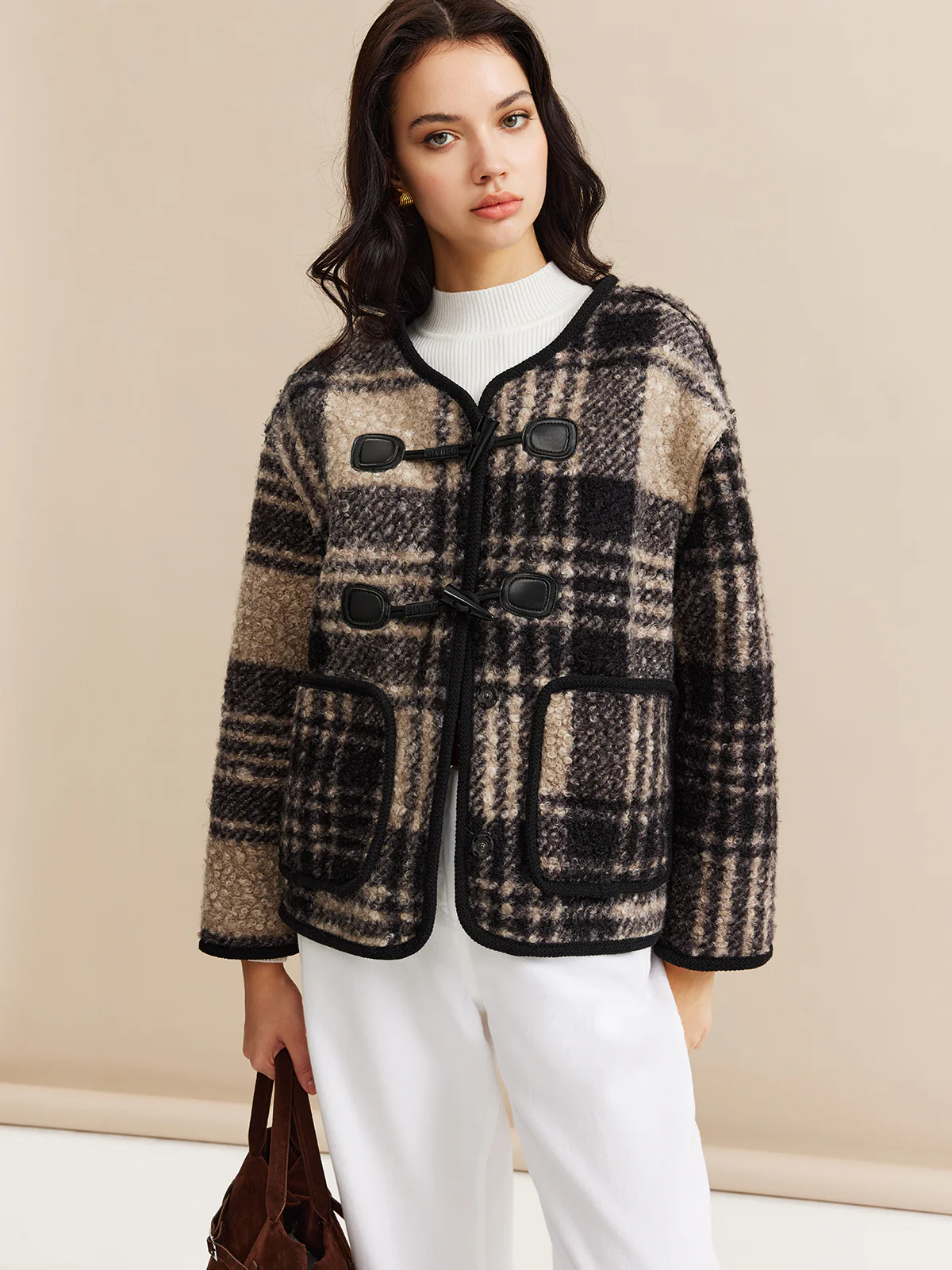 Contrast Trim Checked Tweed Coat - Image 4