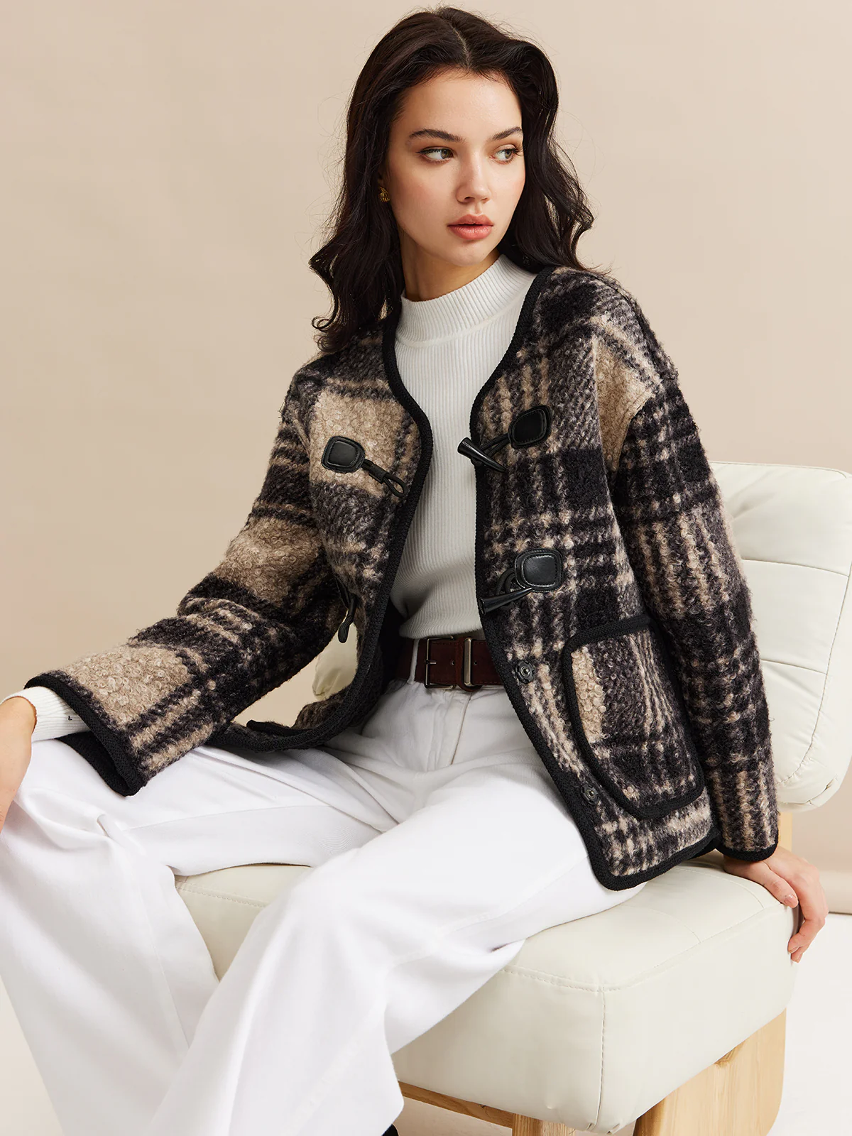 Contrast Trim Checked Tweed Coat - Image 5