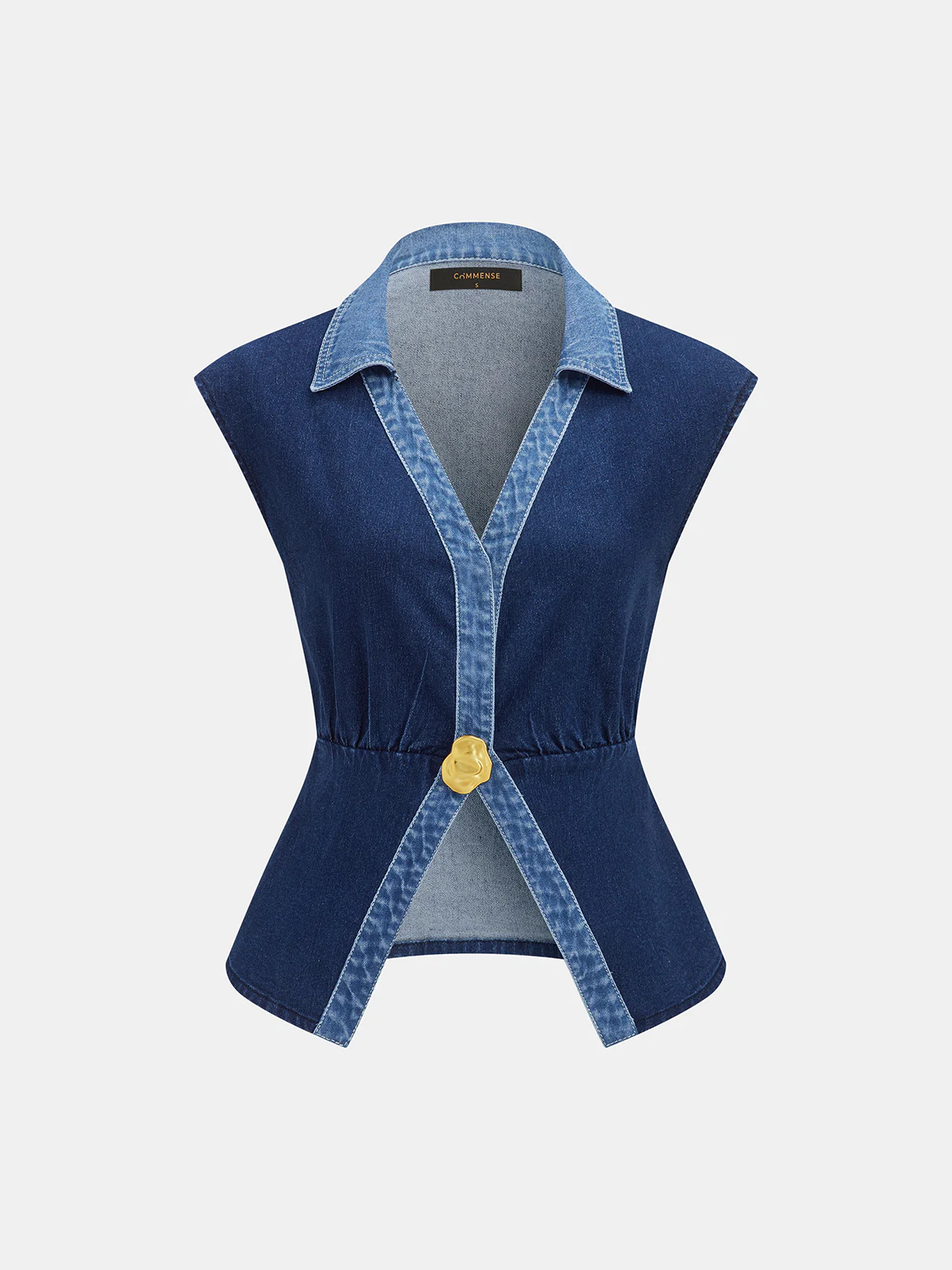 Contrast Trim Cinched Waist Sleeveless Denim Top - Image 2