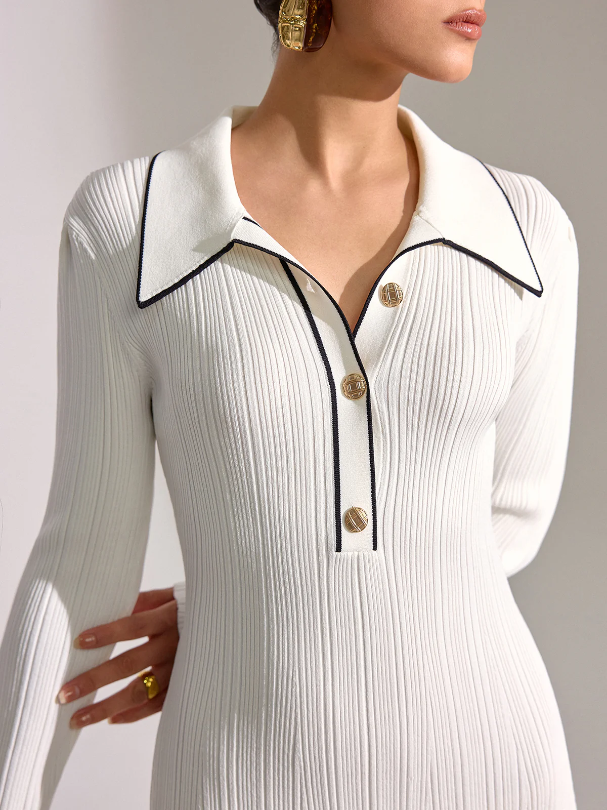 Contrast Trim Collar Long Sleeve Mini Dress - Image 5