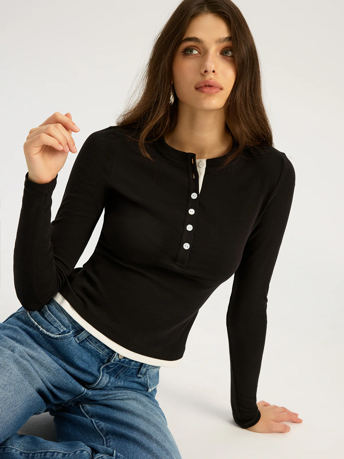Contrast Trim Cotton Blend Long Sleeve Top - Image 2