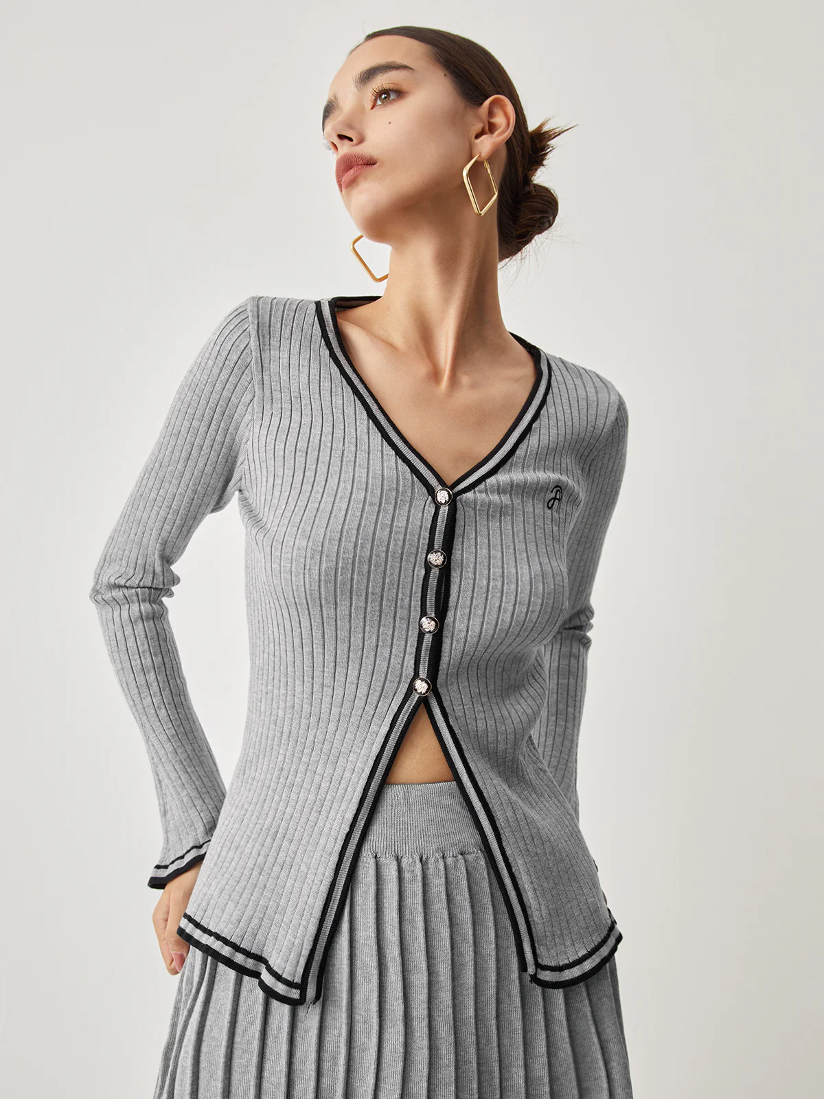Contrast Trim Curved Cardigan With Matching Pleat Mini Skirt - Image 2