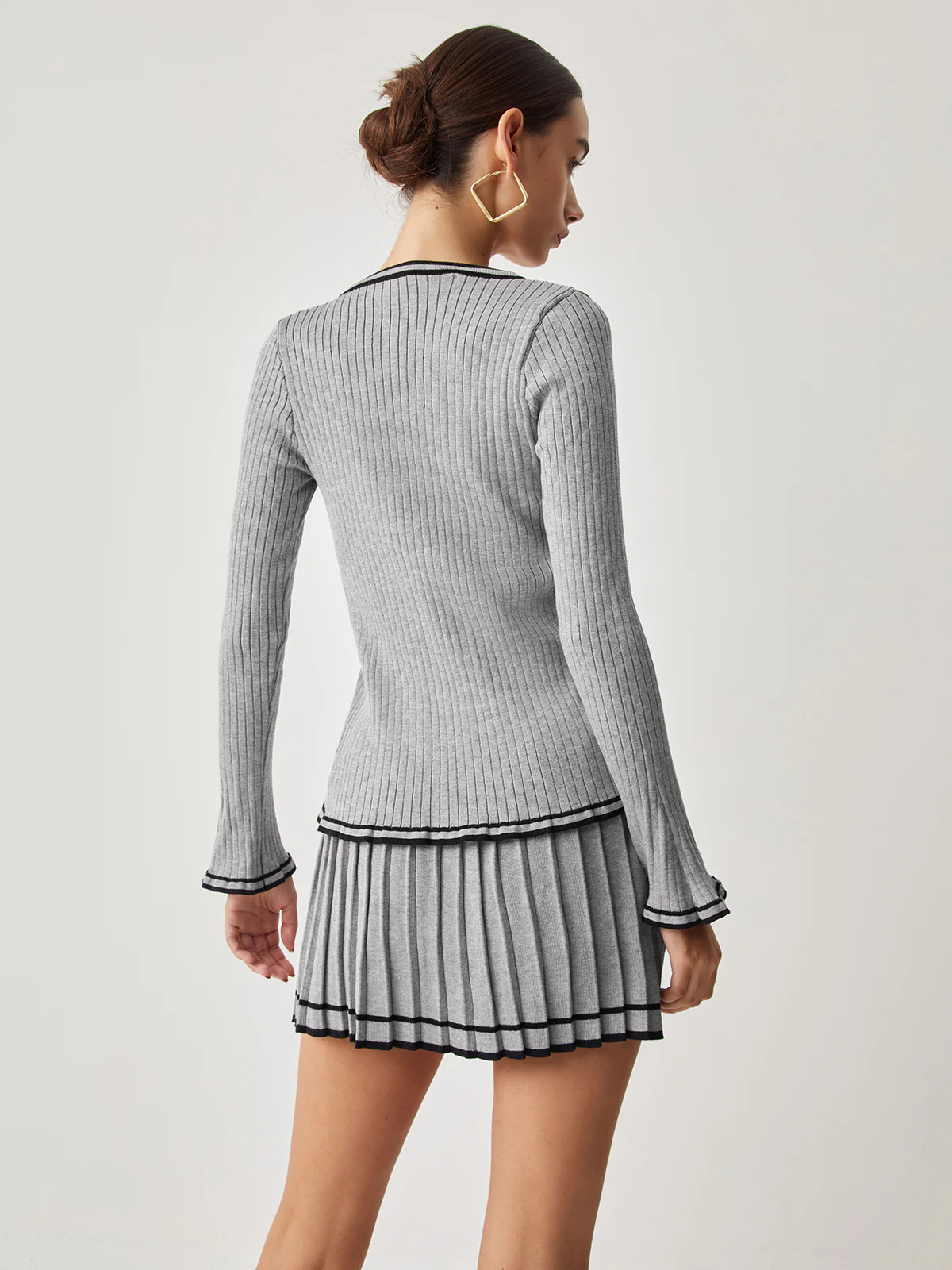 Contrast Trim Curved Cardigan With Matching Pleat Mini Skirt - Image 5