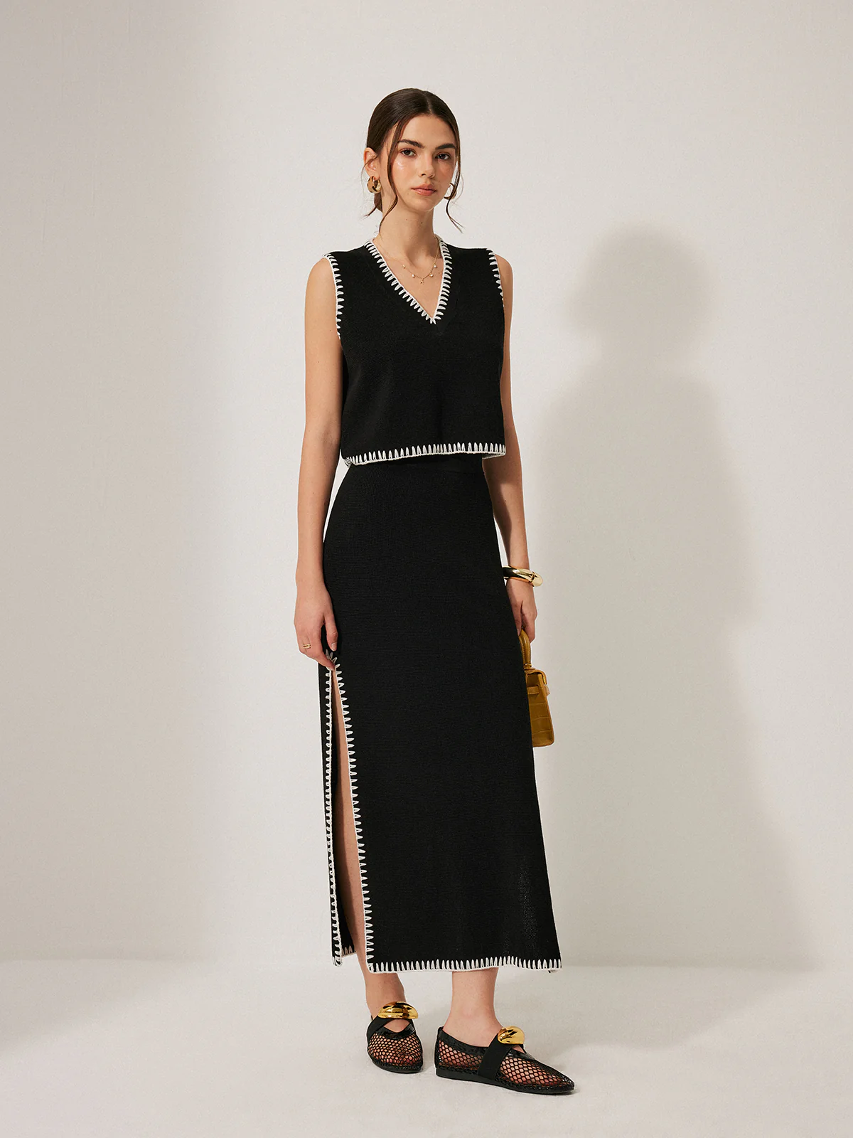Contrast Trim Knit Tank Top With Skirt Set - Image 2