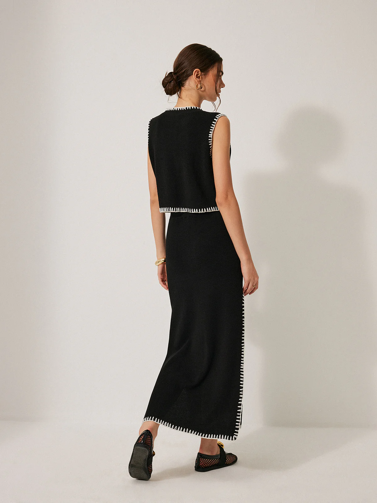 Contrast Trim Knit Tank Top With Skirt Set - Image 3