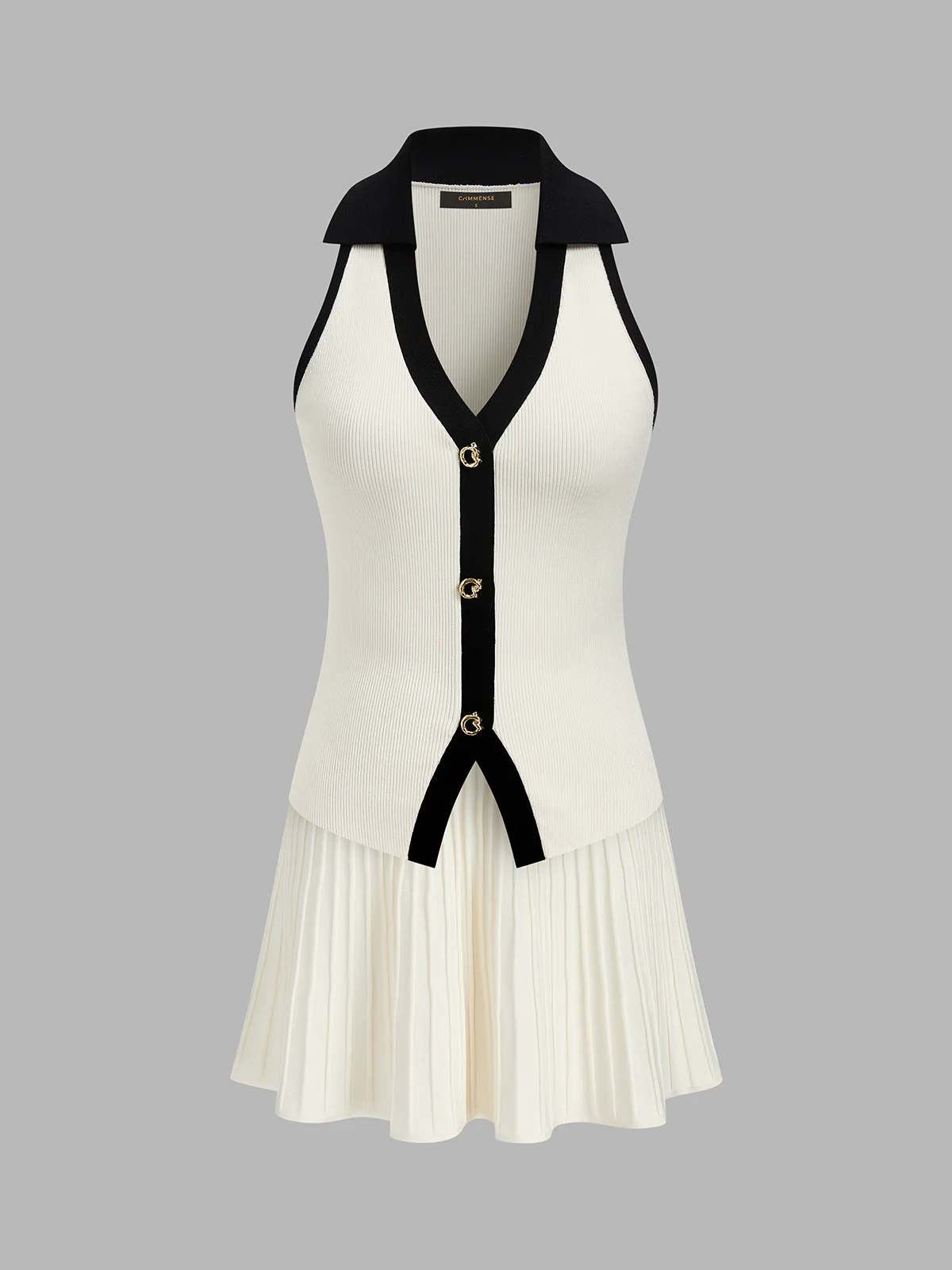 Contrast Trim Knit Vest & Pleated Mini Skirt Set - Image 2