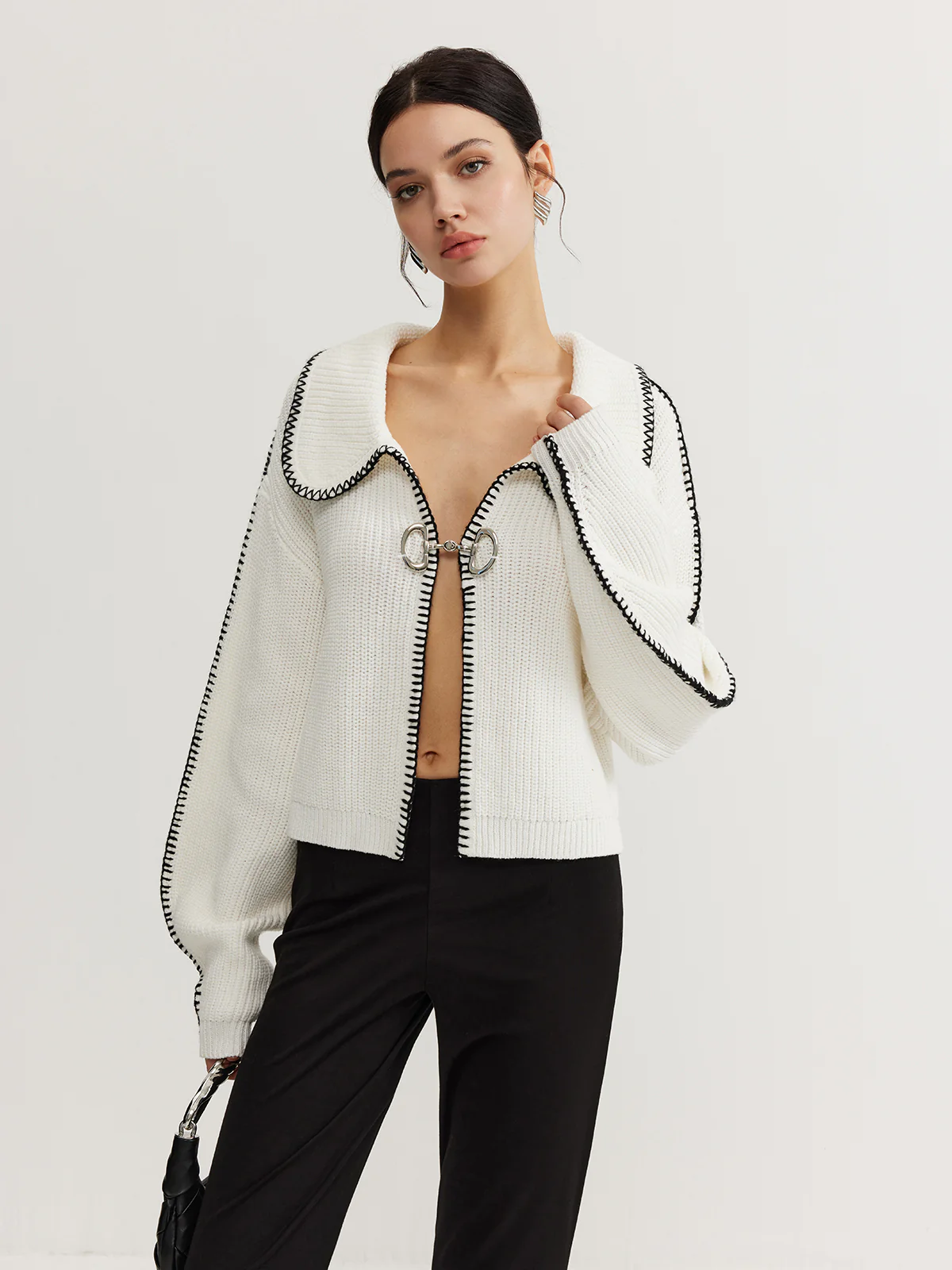 Contrast Trim Magnet Closure Knit Top - Image 2