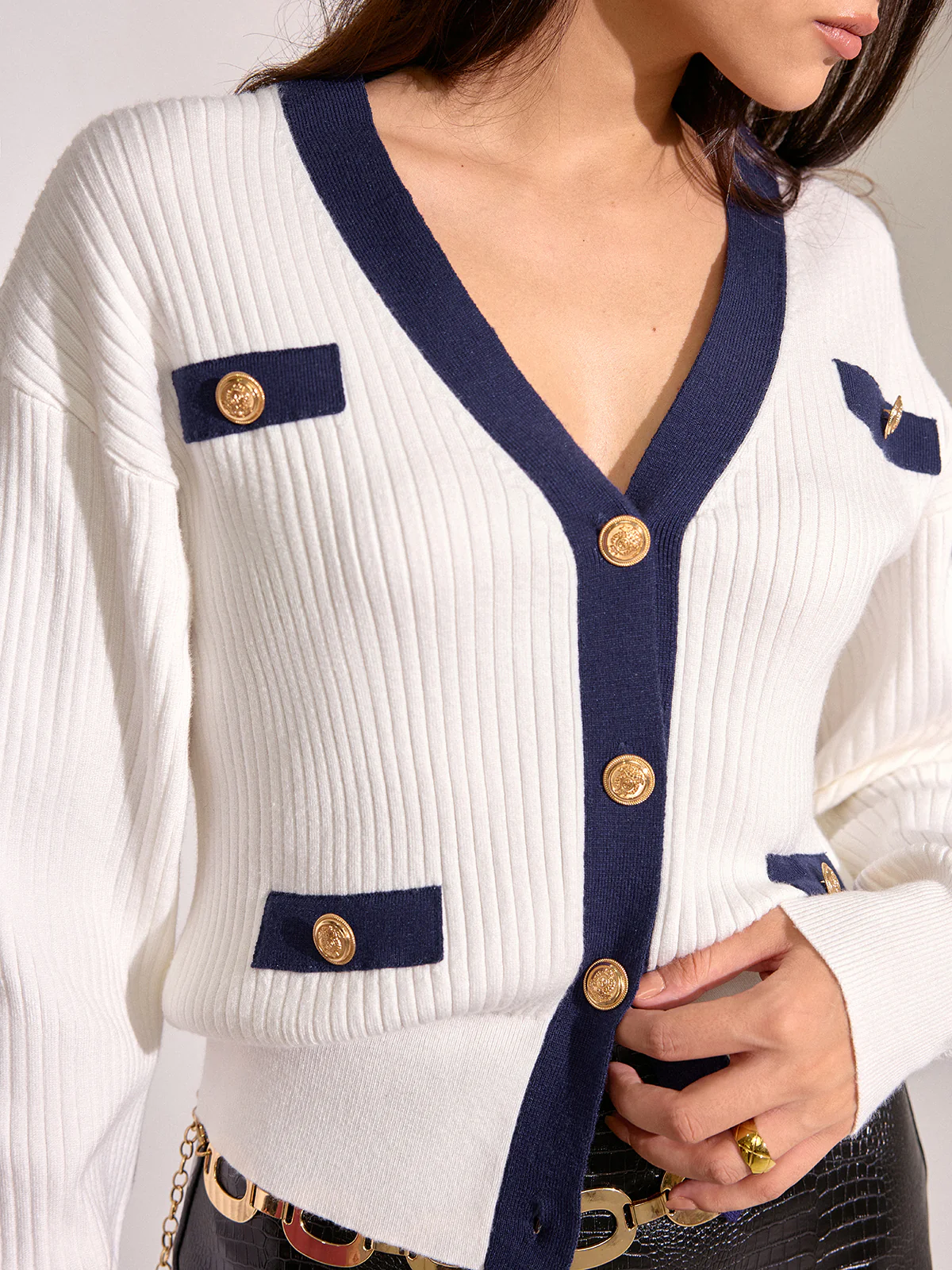 Contrast Trim Metal Button Cardigan - Image 6